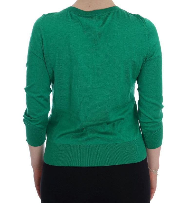 Dolce & Gabbana grüner Seidenpullover mit Bananenmotiv und Kristallen