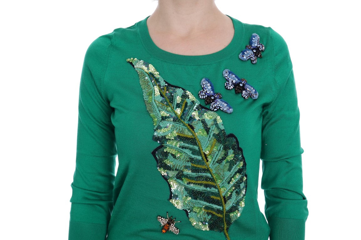 Dolce & Gabbana grüner Seidenpullover mit Bananenmotiv und Kristallen