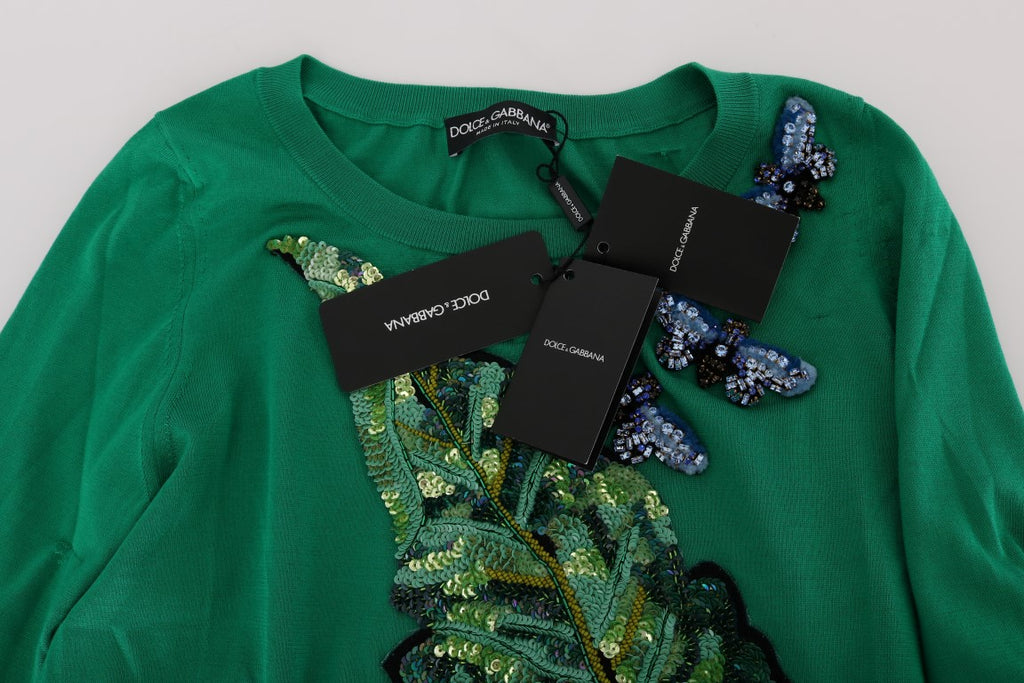 Dolce & Gabbana grüner Seidenpullover mit Bananenmotiv und Kristallen