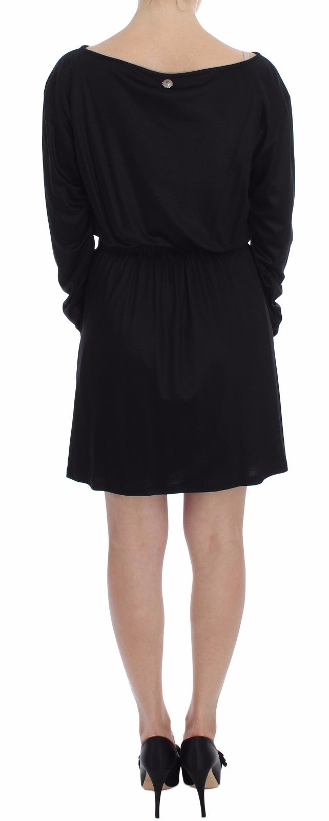 Robe courte noire en modal et soie de Versace Jeans, coupe fluide et élégante, pour un look sophistiqué.