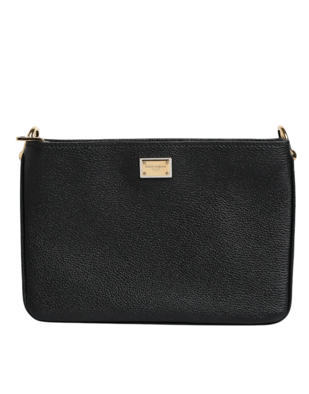 Sac clutch en cuir grainé noir Dolce & Gabbana avec plaque logo élégante, idéal pour une occasion chic.