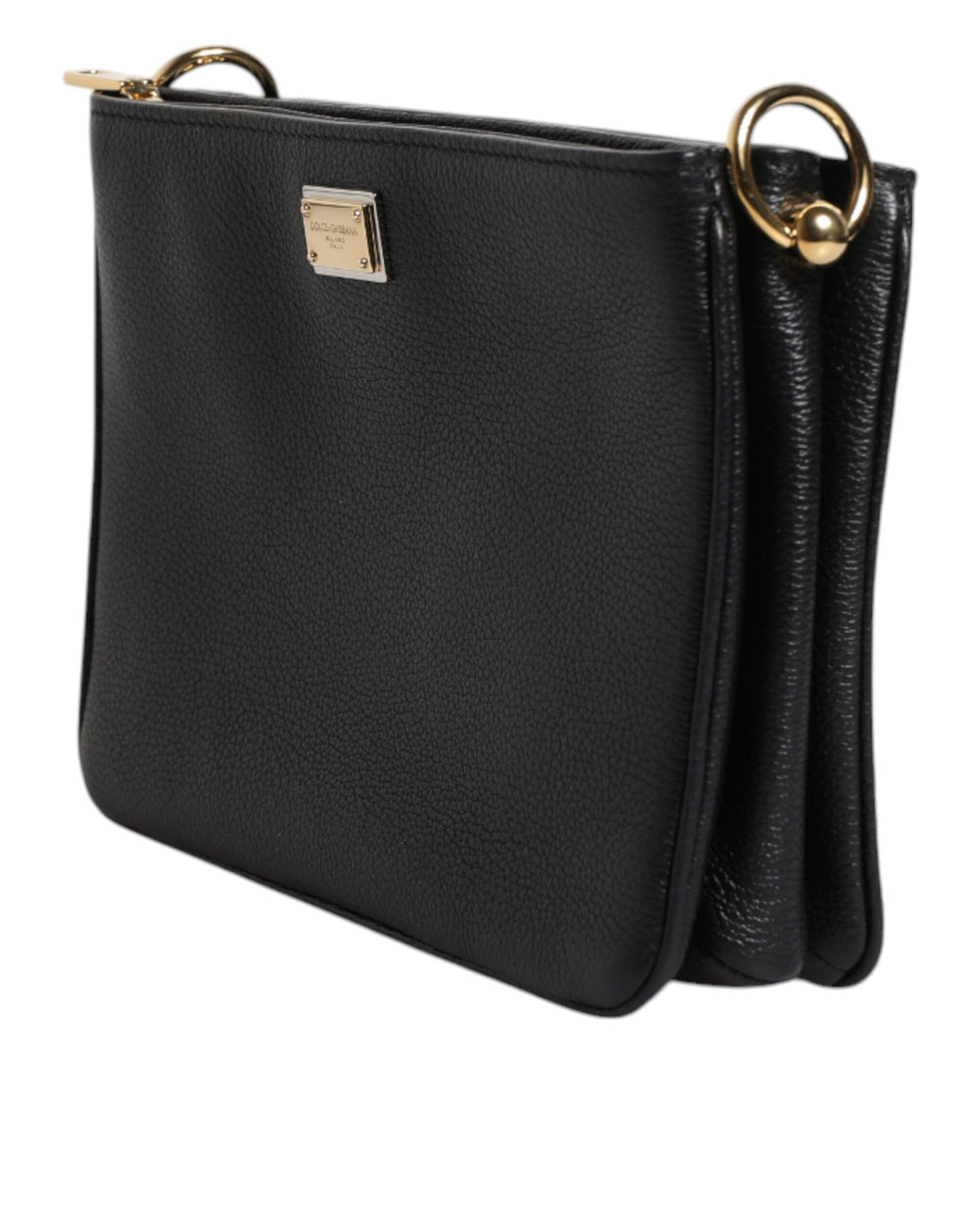 Sac clutch Dolce & Gabbana en cuir grainé noir avec plaque logo élégante, idéal pour les occasions sophistiquées.