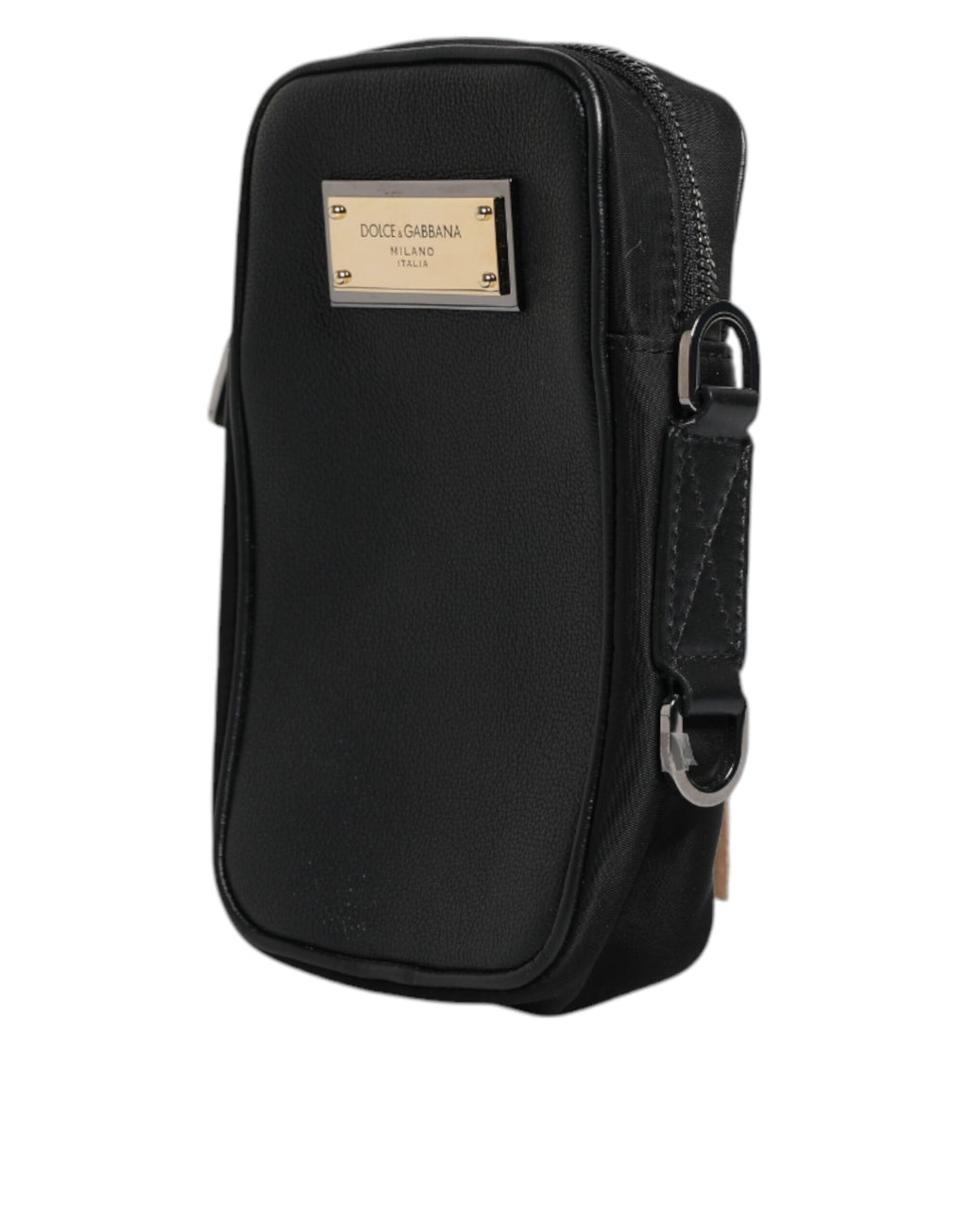 Pochette Dolce & Gabbana en cuir grainé noir avec plaque logo dorée et fermeture élégante.