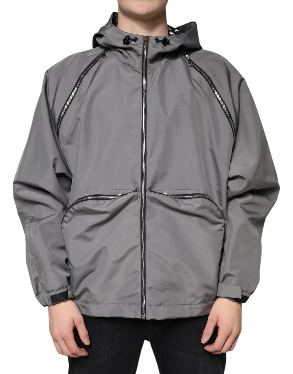 Veste homme à capuche en polyester gris de Dolce & Gabbana, fermeture éclair complète, style décontracté et tendance.