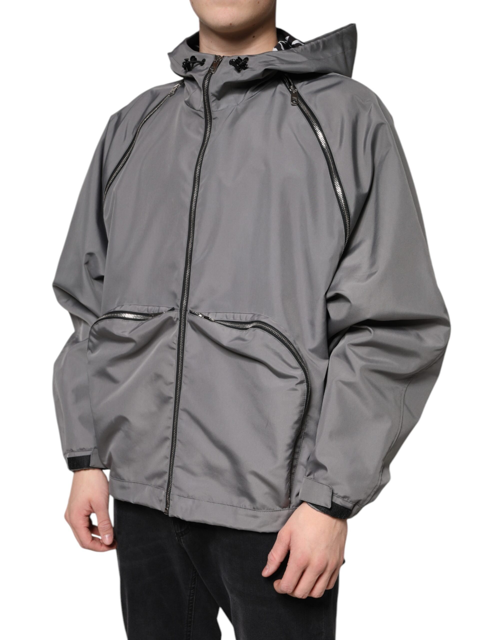 Veste homme à capuche grise en polyester de Dolce & Gabbana avec fermeture éclair complète, style décontracté et moderne.
