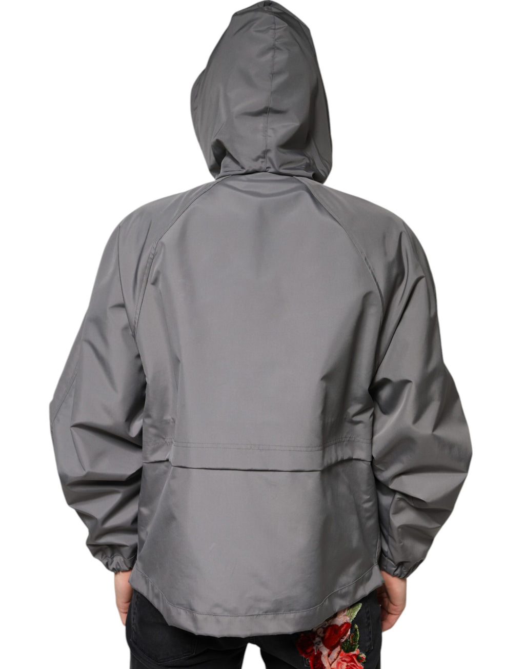 Veste homme Dolce & Gabbana en polyester gris avec capuche et fermeture éclair complète, style décontracté et moderne.