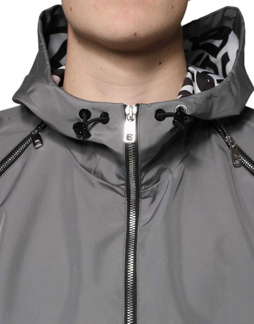 Veste homme à capuche gris en polyester Dolce & Gabbana avec zip complet, mode décontractée et style élégant.
