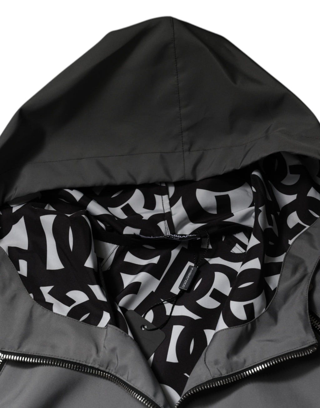 Veste homme à capuche gris en polyester Dolce & Gabbana, zip intégral, avec détails de style moderne et confort.