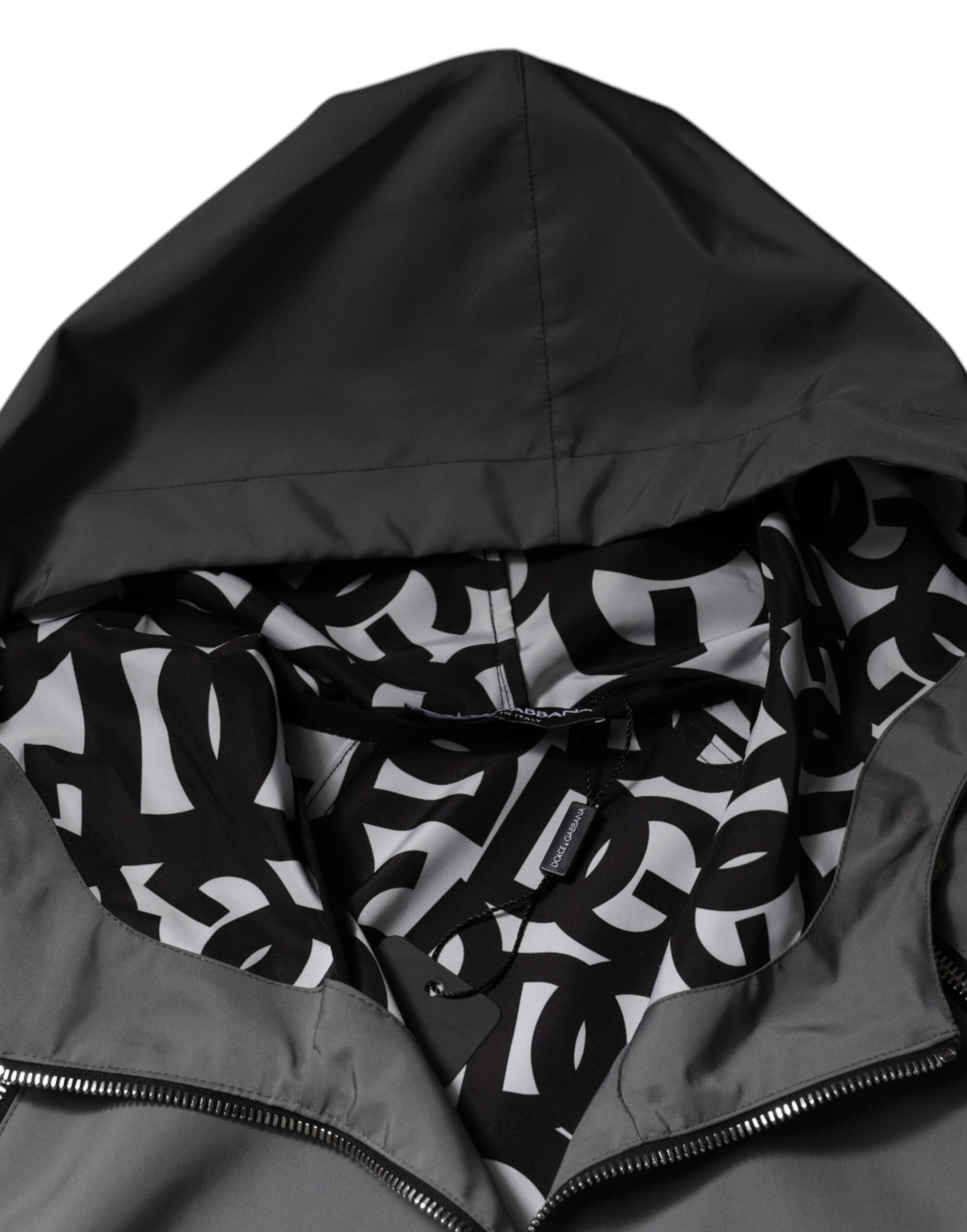 Veste homme à capuche gris en polyester Dolce & Gabbana, zip intégral, avec détails de style moderne et confort.