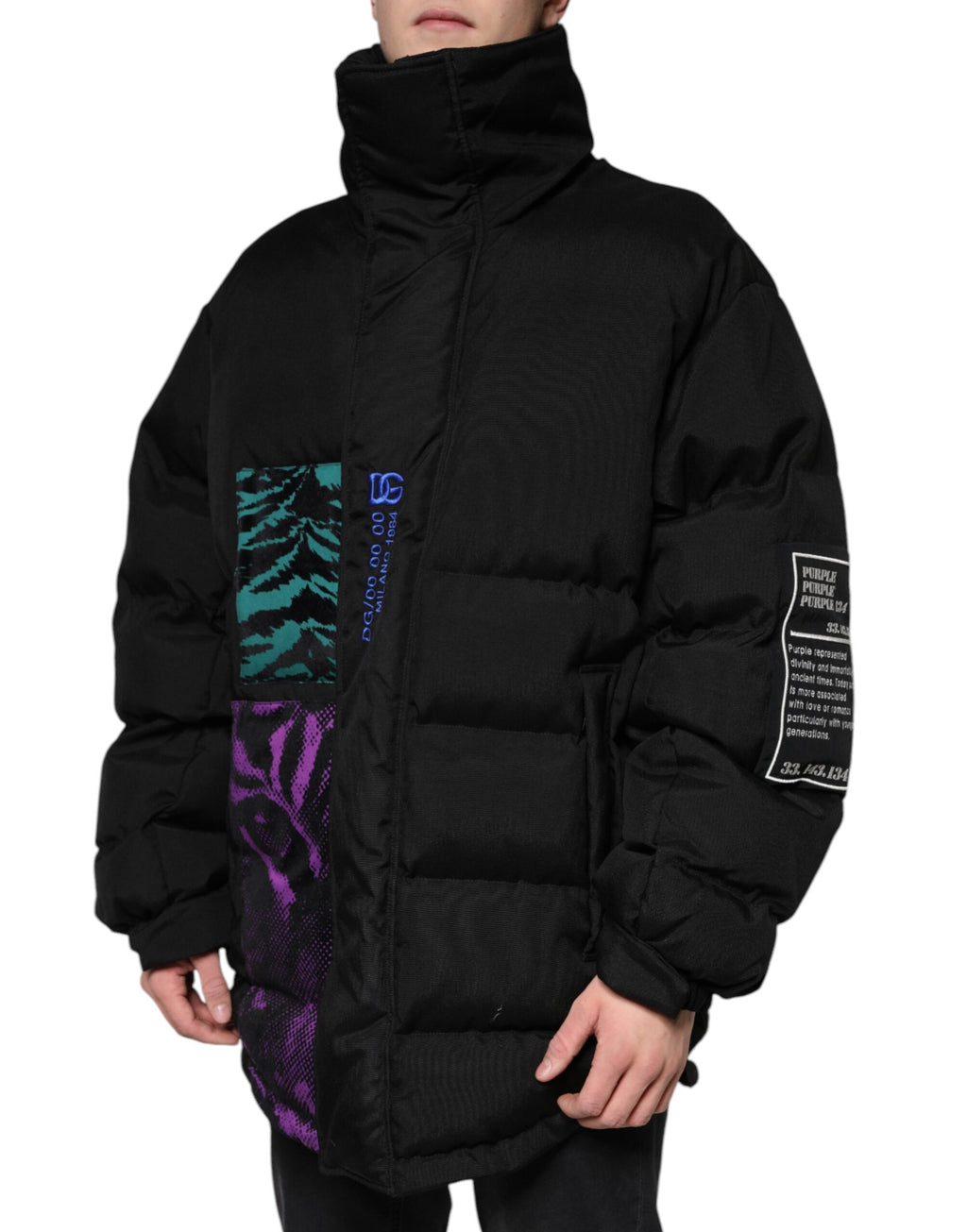 Veste homme matelassée en nylon noir Dolce & Gabbana avec fermeture éclair complète, style décontracté et chic.