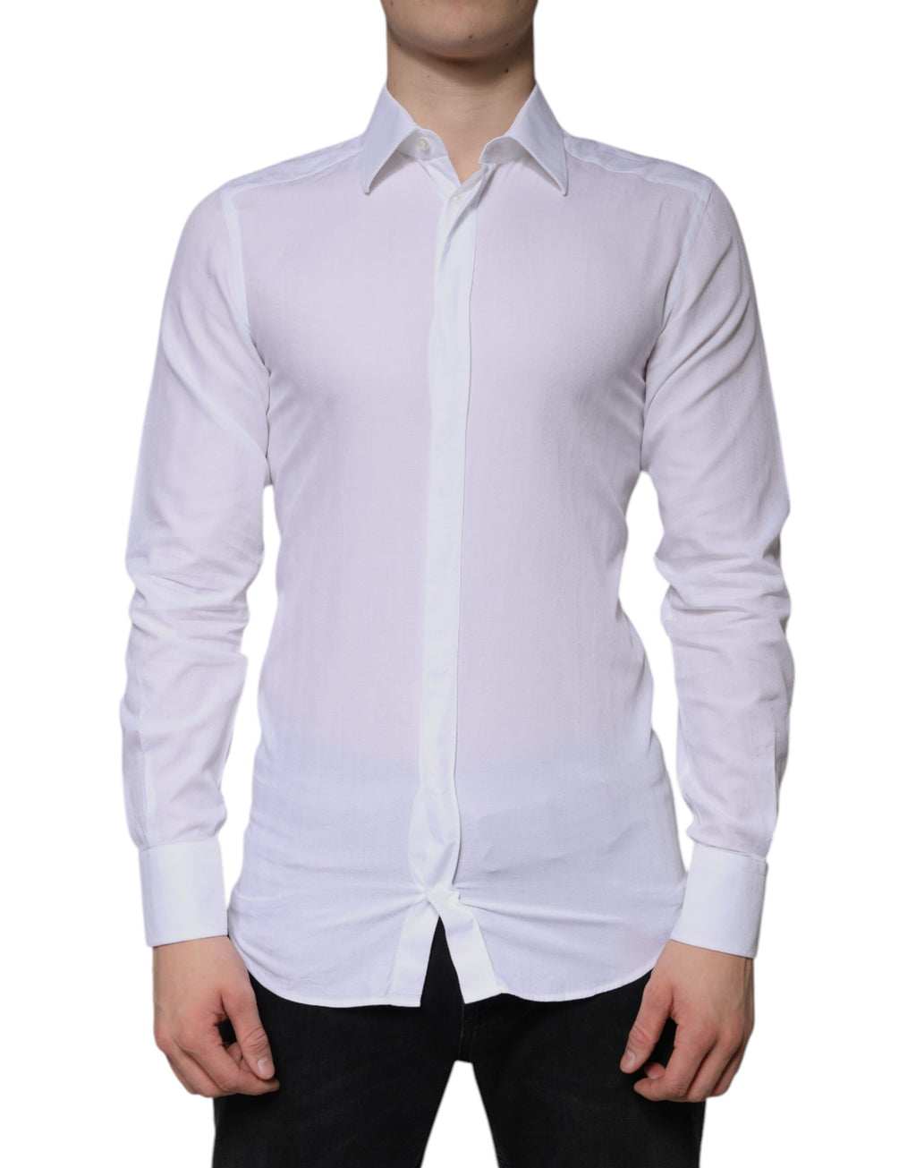 Chemise formelle blanche en coton pour homme Dolce & Gabbana avec détails dorés, élégante et sophistiquée.