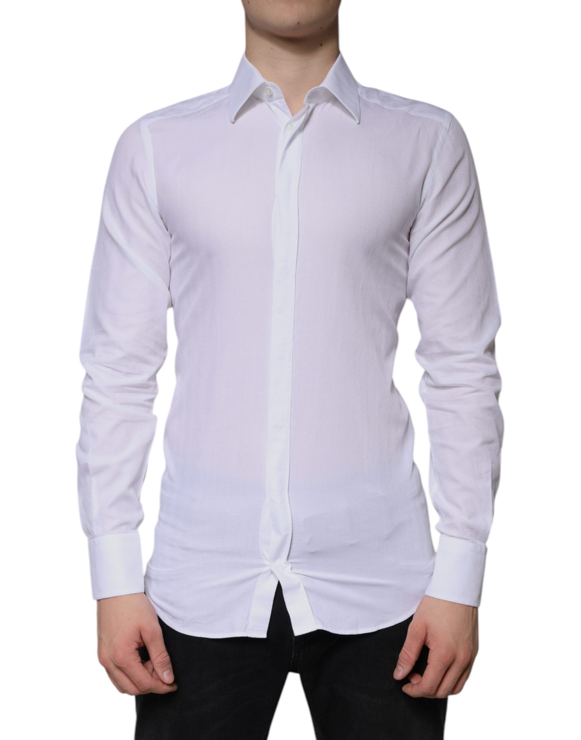 Chemise formelle pour homme Dolce & Gabbana en coton blanc avec détails dorés, vue de face sur mannequin.