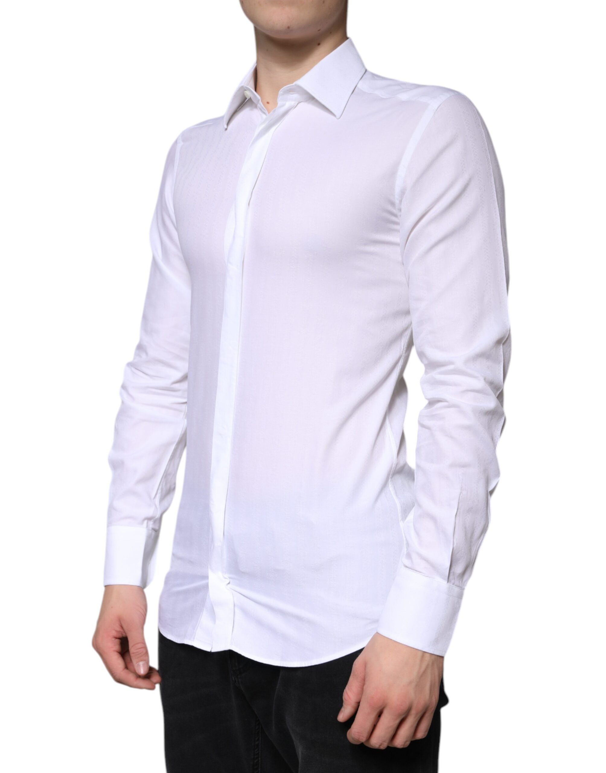 Chemise blanche en coton Dolce & Gabbana pour homme, style formel avec détails dorés, vêtement élégant et sophistiqué.