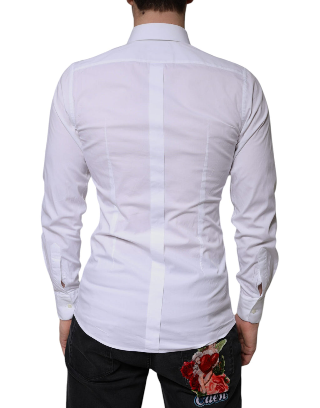 Chemise formelle blanche en coton pour homme de Dolce & Gabbana avec détails dorés, vue de face.