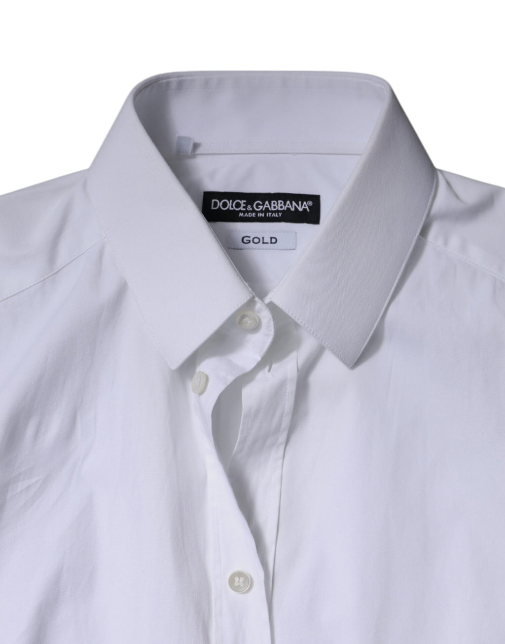 Chemise formelle blanche en coton pour hommes Dolce & Gabbana avec détails en or, vue de face sur un fond neutre.