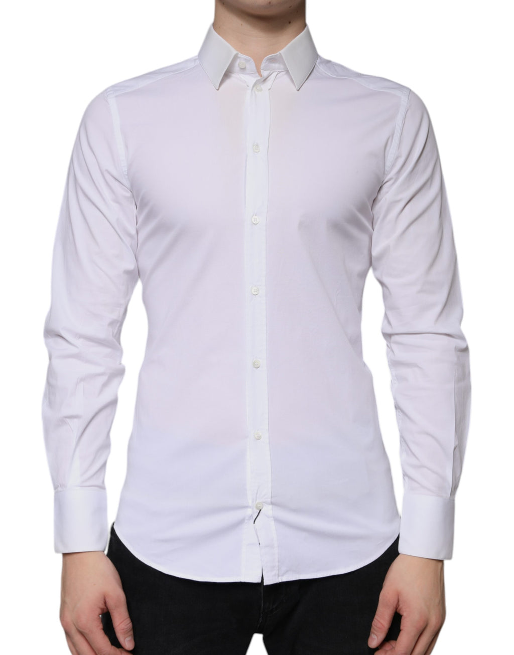 Chemise formelle blanche en coton Dolce & Gabbana pour homme avec boutons dorés, vue de face.
