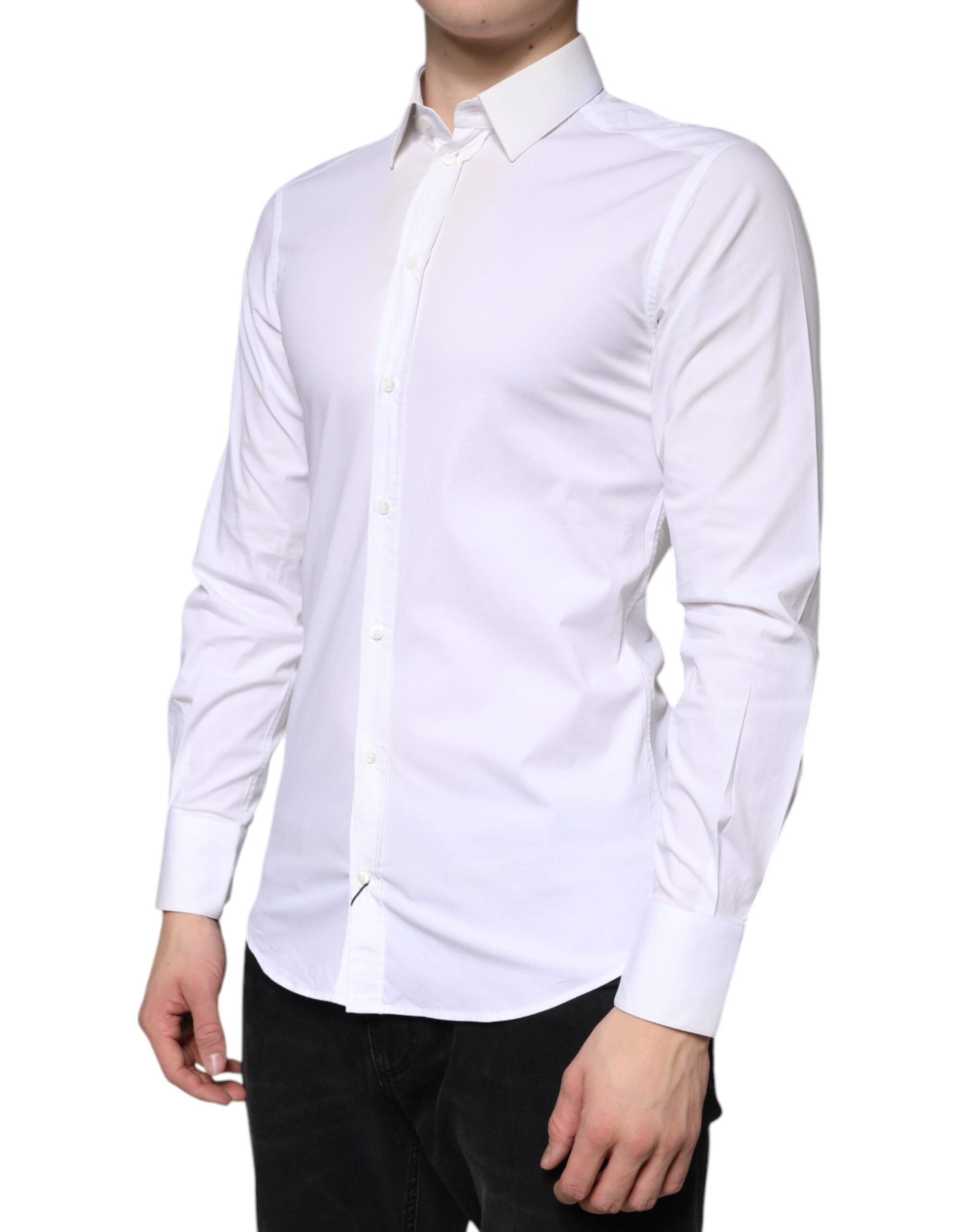 Chemise formelle blanche en coton Dolce & Gabbana pour homme avec détails en or, vue de face sur un mannequin.