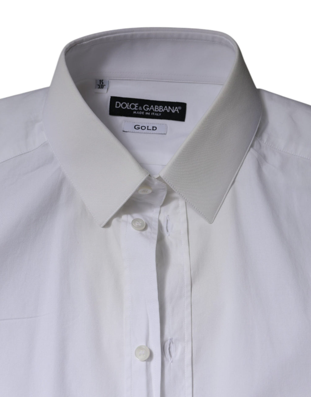 Chemise formelle blanche en coton Dolce & Gabbana pour homme, avec détails dorés, vue de face.