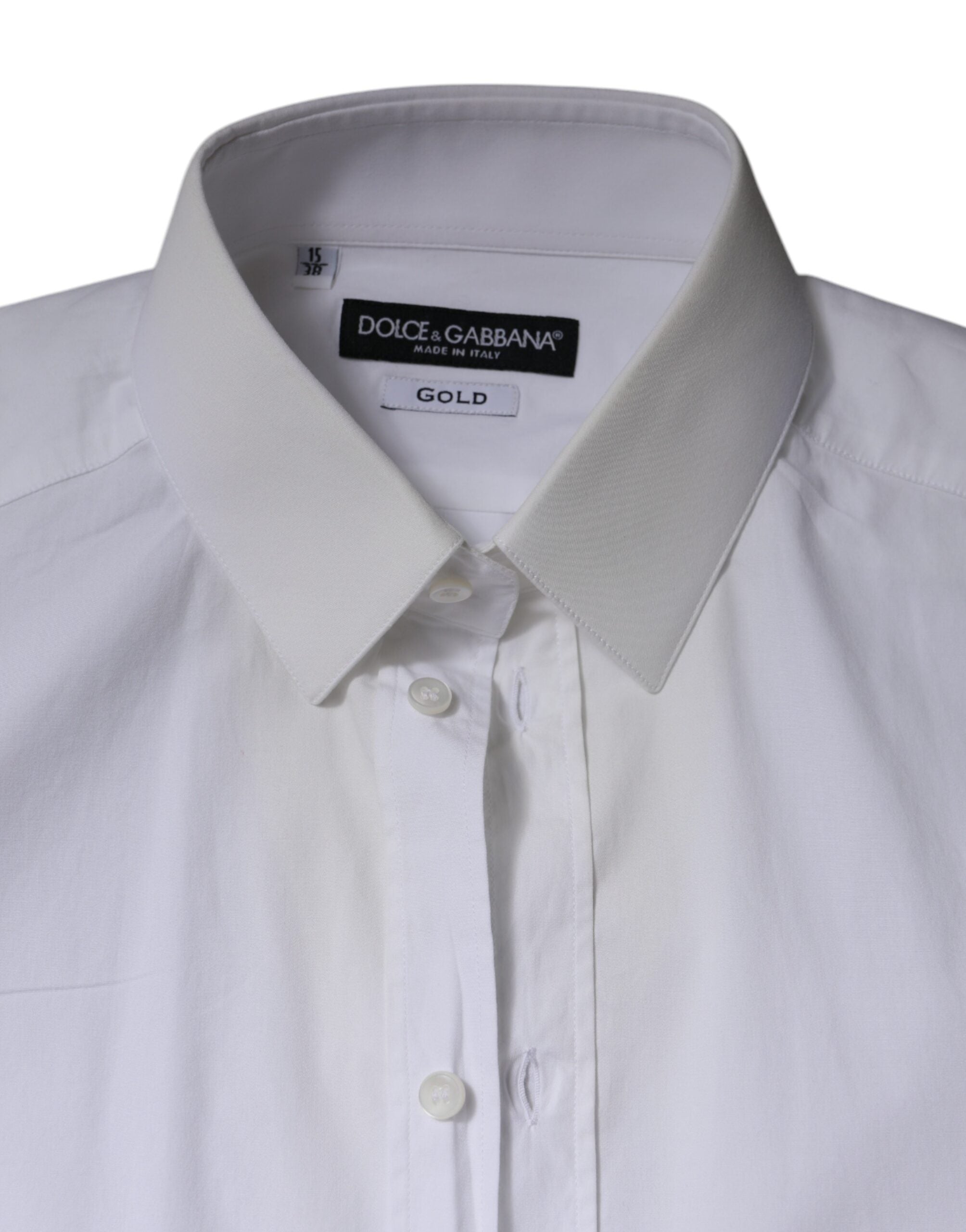 Chemise formelle blanche en coton Dolce & Gabbana pour homme, avec détails dorés, vue de face.