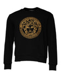 Pull à col ras du cou noir Versace avec broderie Medusa, en laine douce, style élégant et emblématique de la marque.