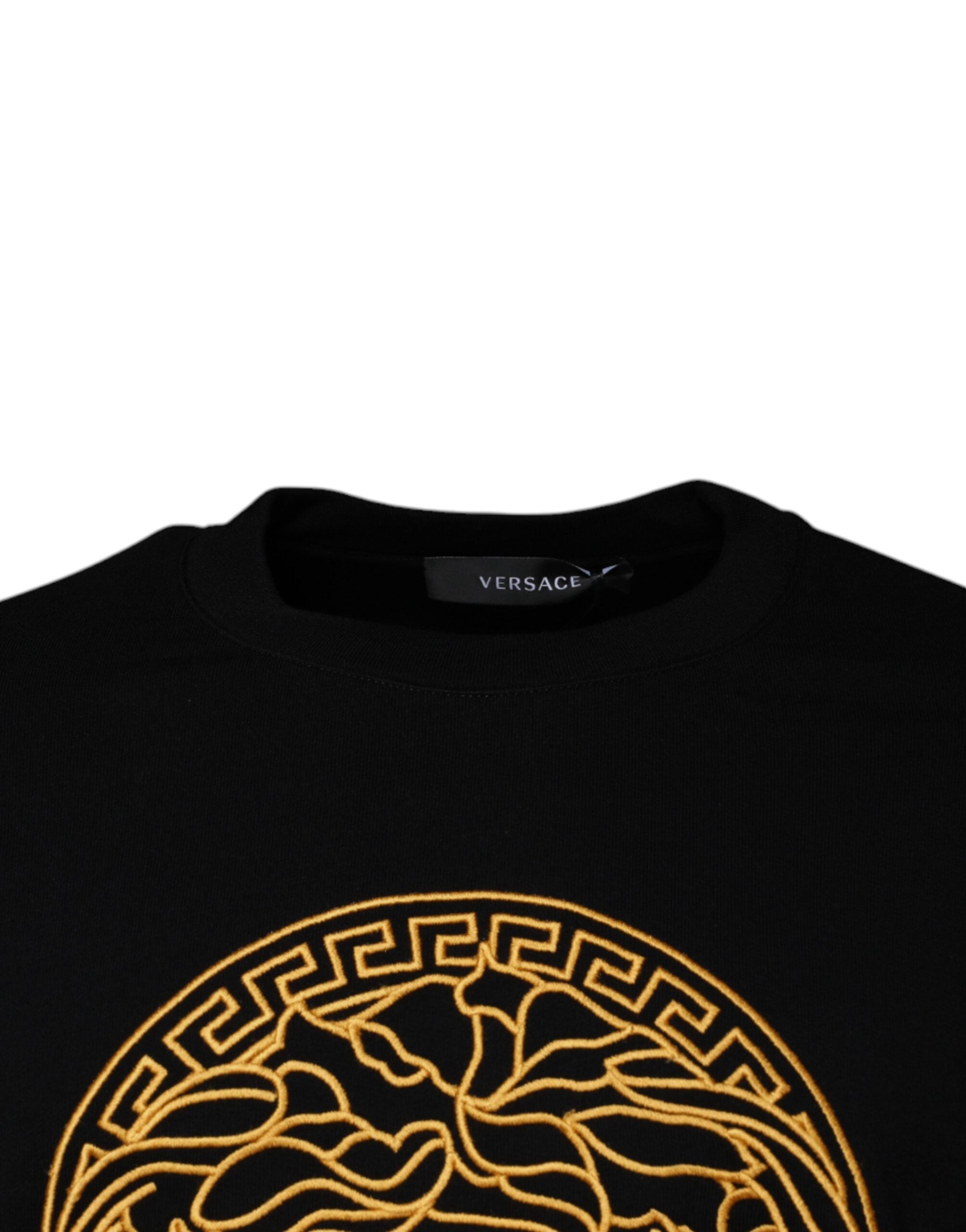Pull à col rond Versace noir avec broderie Méduse, en tissu doux et élégant, pour un style sophistiqué.