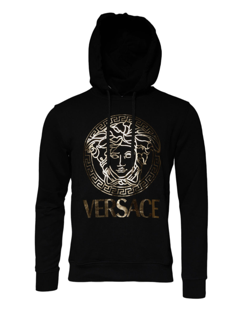 Sweat à capuche en coton noir Versace avec logo Medusa, style décontracté et design élégant, visible sur le pull.