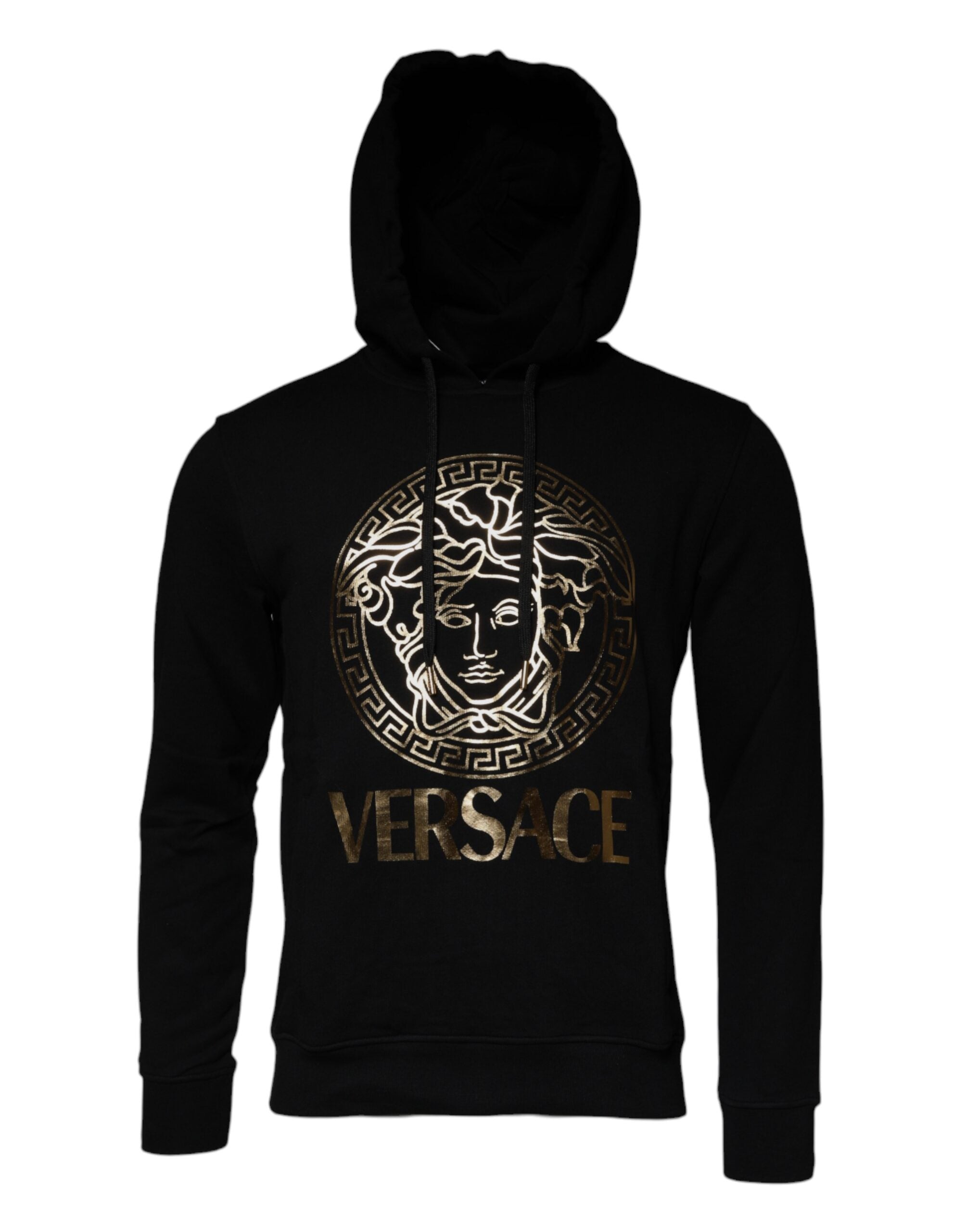 Sweat à capuche en coton noir Versace avec logo Medusa, style décontracté et design élégant visible sur le pull.