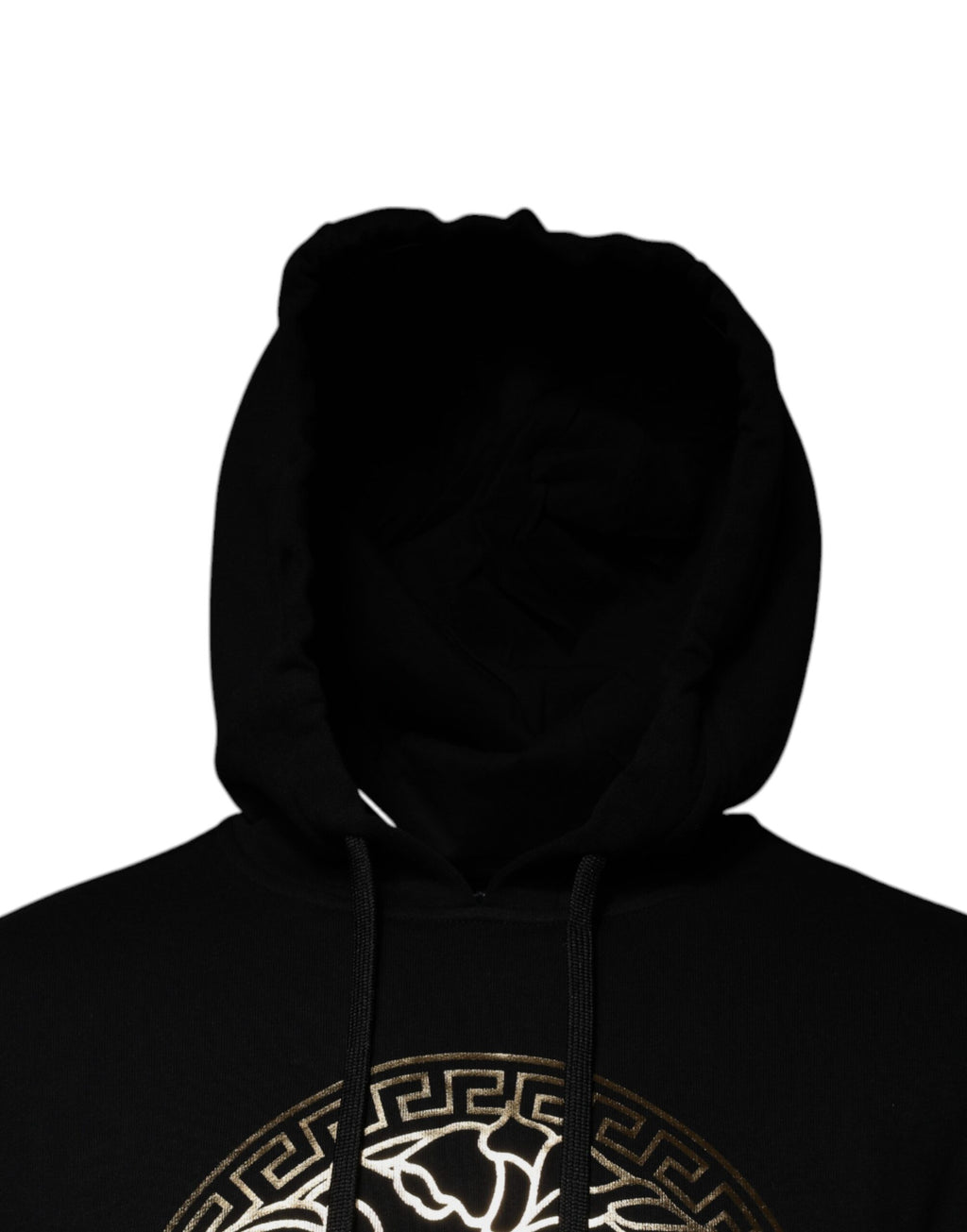Sweat à capuche en coton noir Versace avec logo Medusa, style décontracté, visible avec capuche, logo emblématique sur la poitrine.