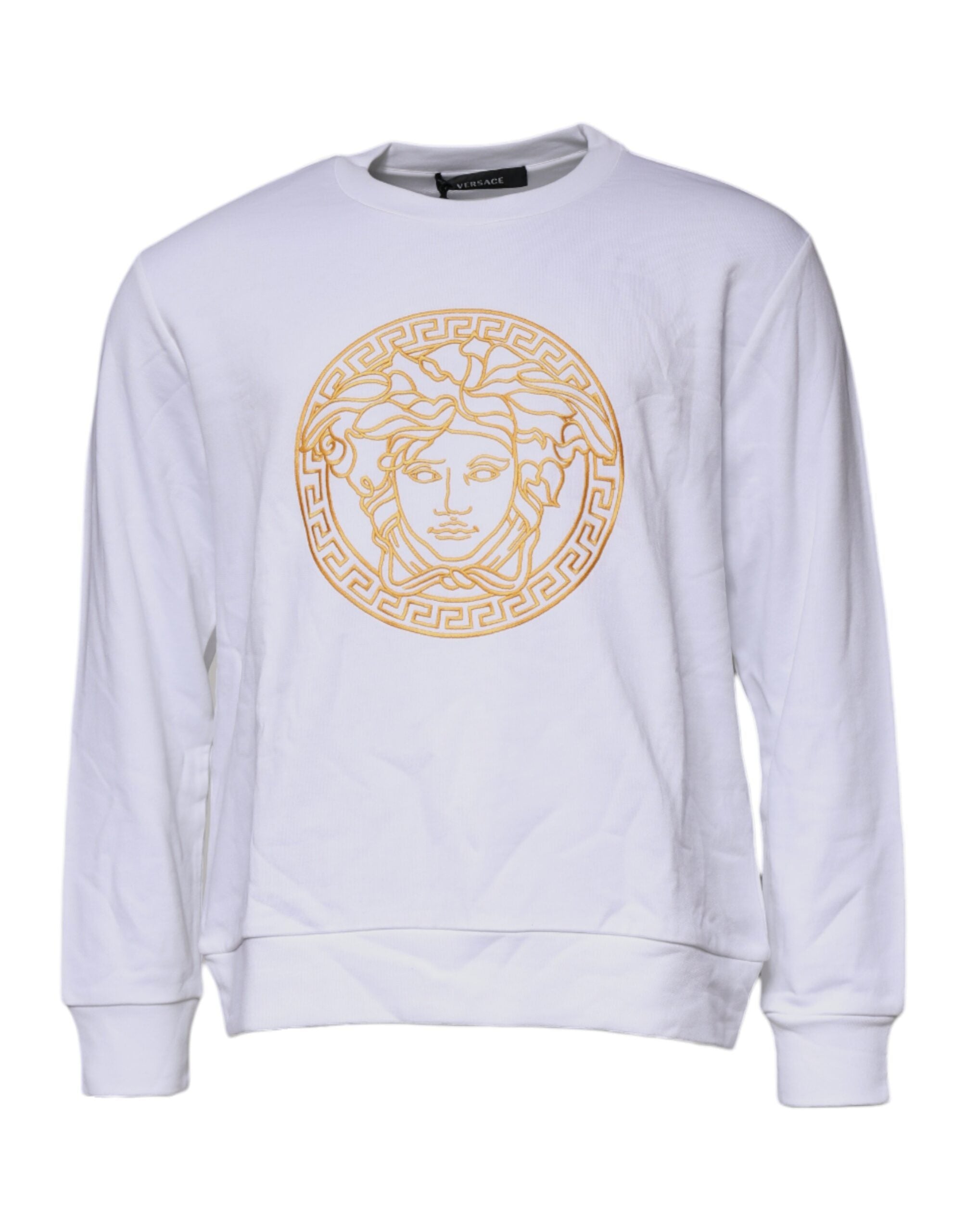 Pull en laine blanc Versace avec broderie Méduse sur le col rond, élégant et tendance.