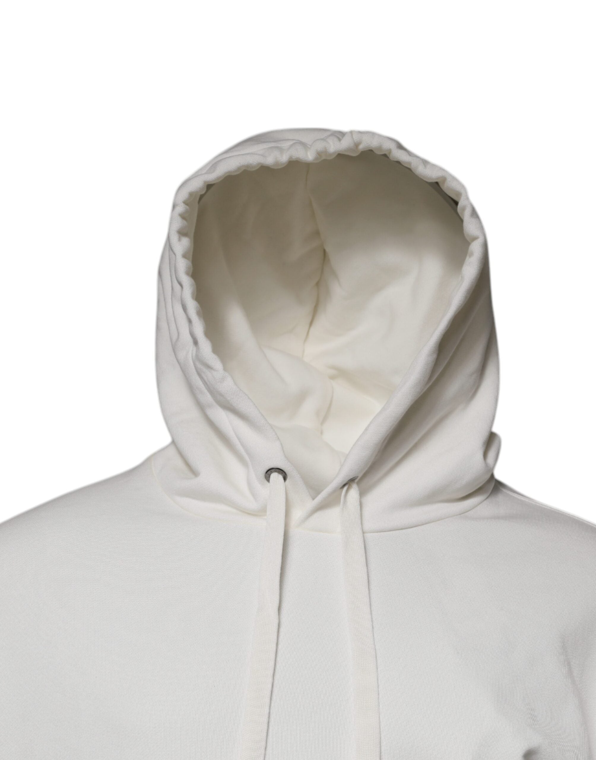 Pull à capuche blanc Dolce & Gabbana avec logo, sweat-shirt pour homme, en coton, porté sur un mannequin.