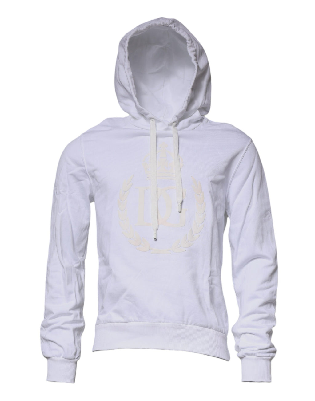 Sweat à capuche blanc Dolce & Gabbana avec logo, pull en molleton doux, porté sur un mannequin.