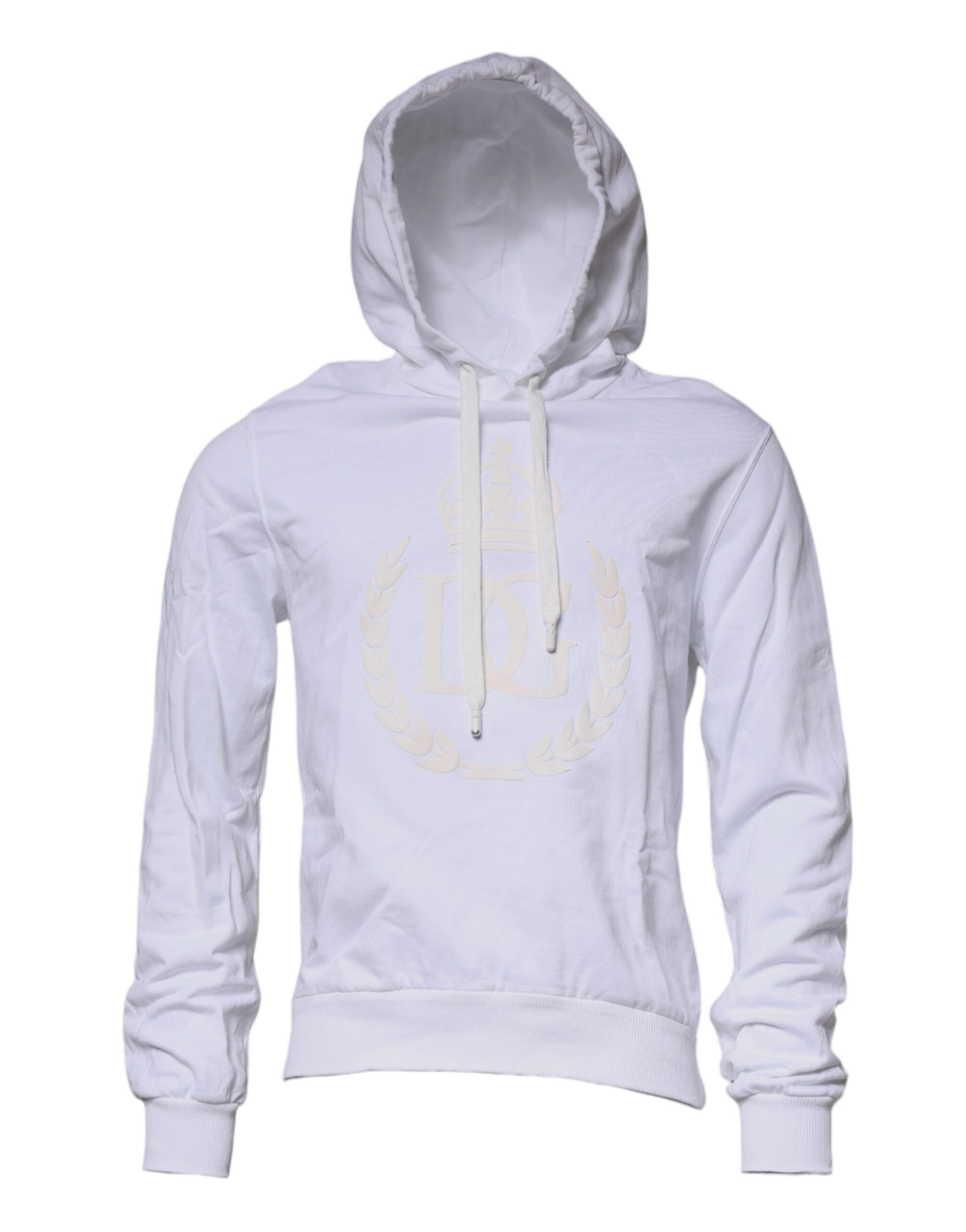 Sweat à capuche blanc Dolce & Gabbana avec logo, en coton, porté sur un mannequin, détails du pull décontracté.