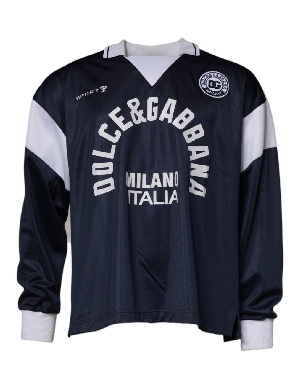 Pull en jersey Dolce & Gabbana bleu avec logo, col en bouton, pullover décontracté et élégant, vue de face.