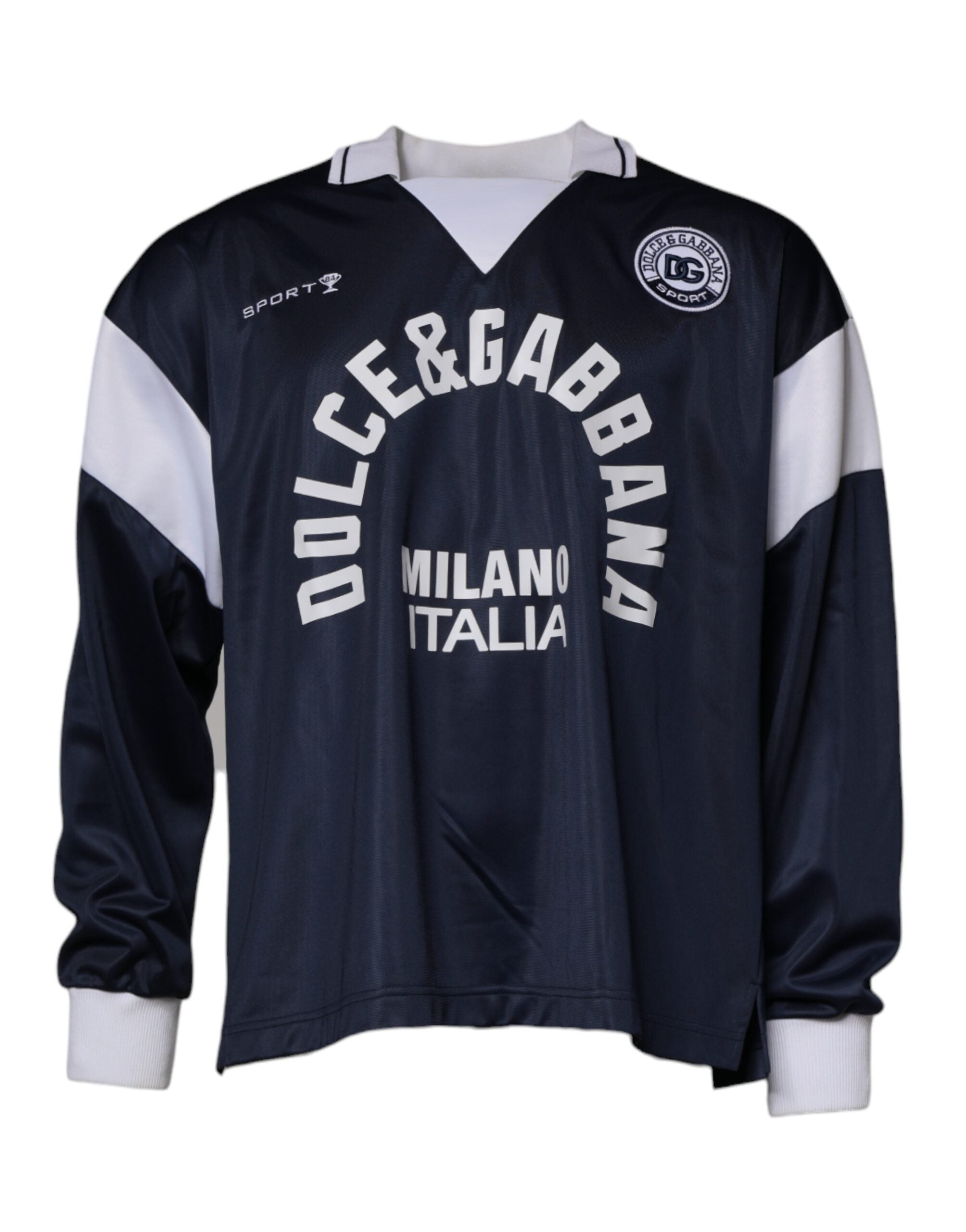 Pull en jersey Dolce & Gabbana bleu avec logo, col en bouton, pullover décontracté et élégant, vue de face.