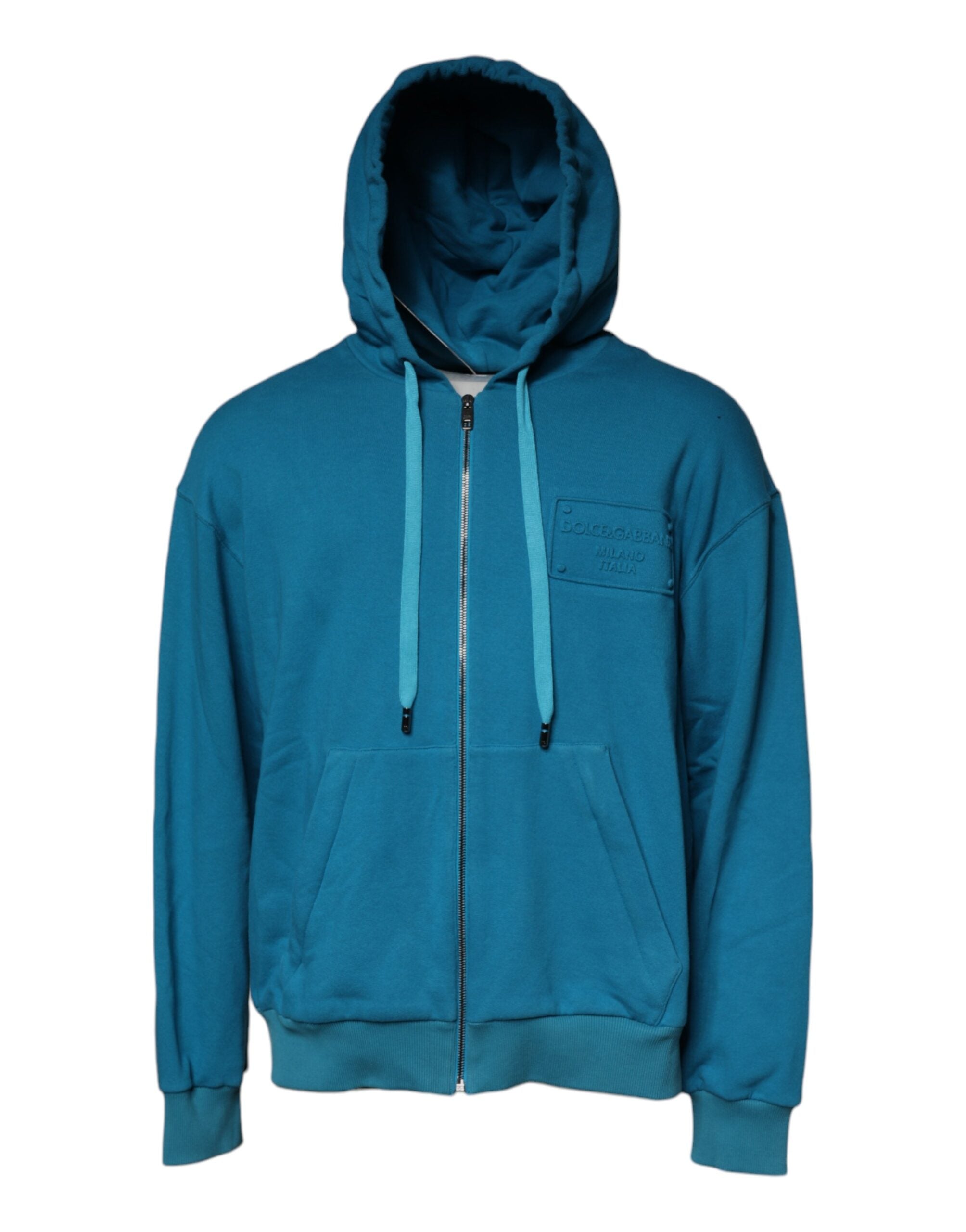 Sweat à capuche en coton bleu Dolce & Gabbana avec logo, porté par un mannequin, vue de face.