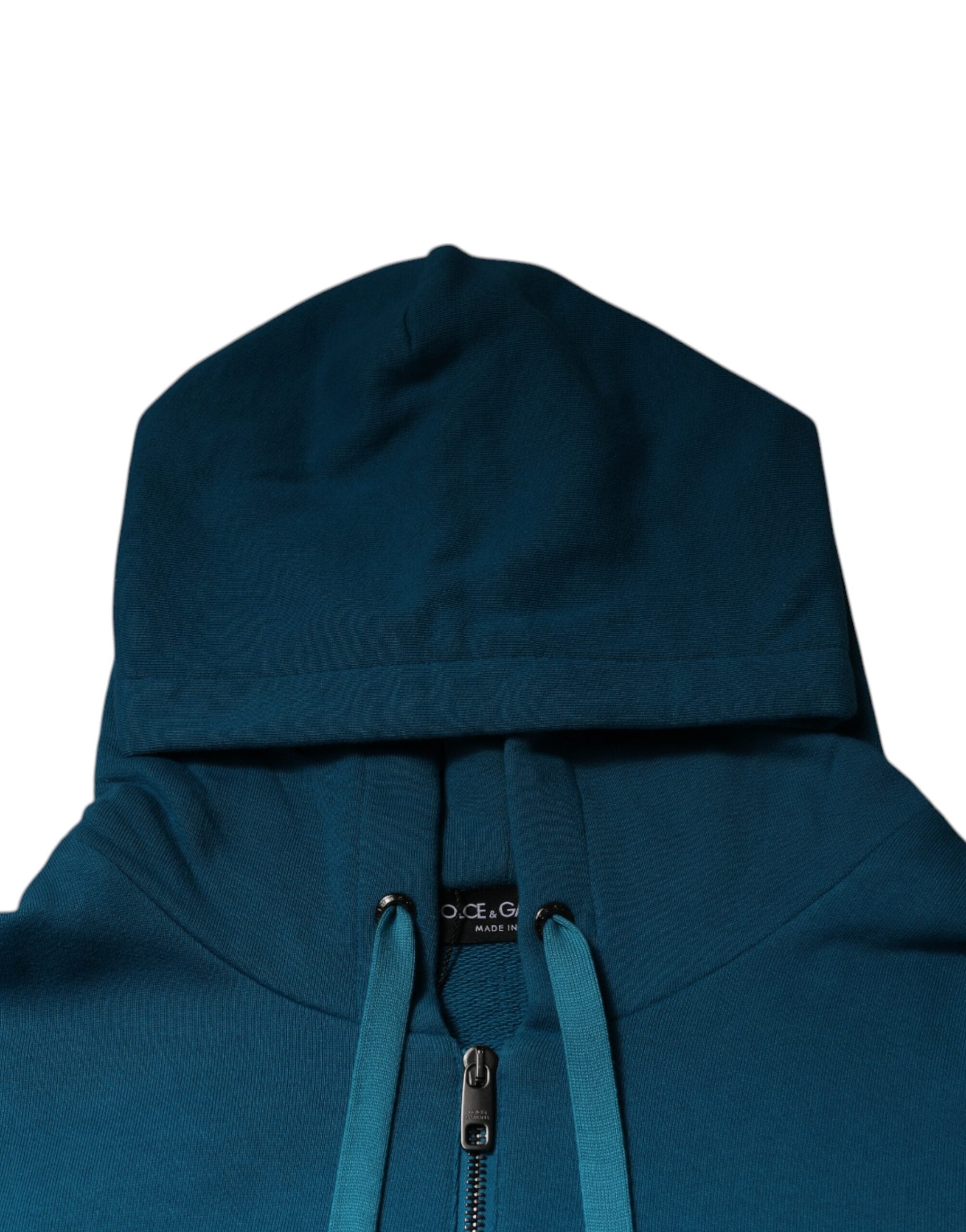 Sweat à capuche en coton bleu Dolce & Gabbana avec logo, vêtement décontracté et élégant, visible avec capuche et logo sur la poitrine.