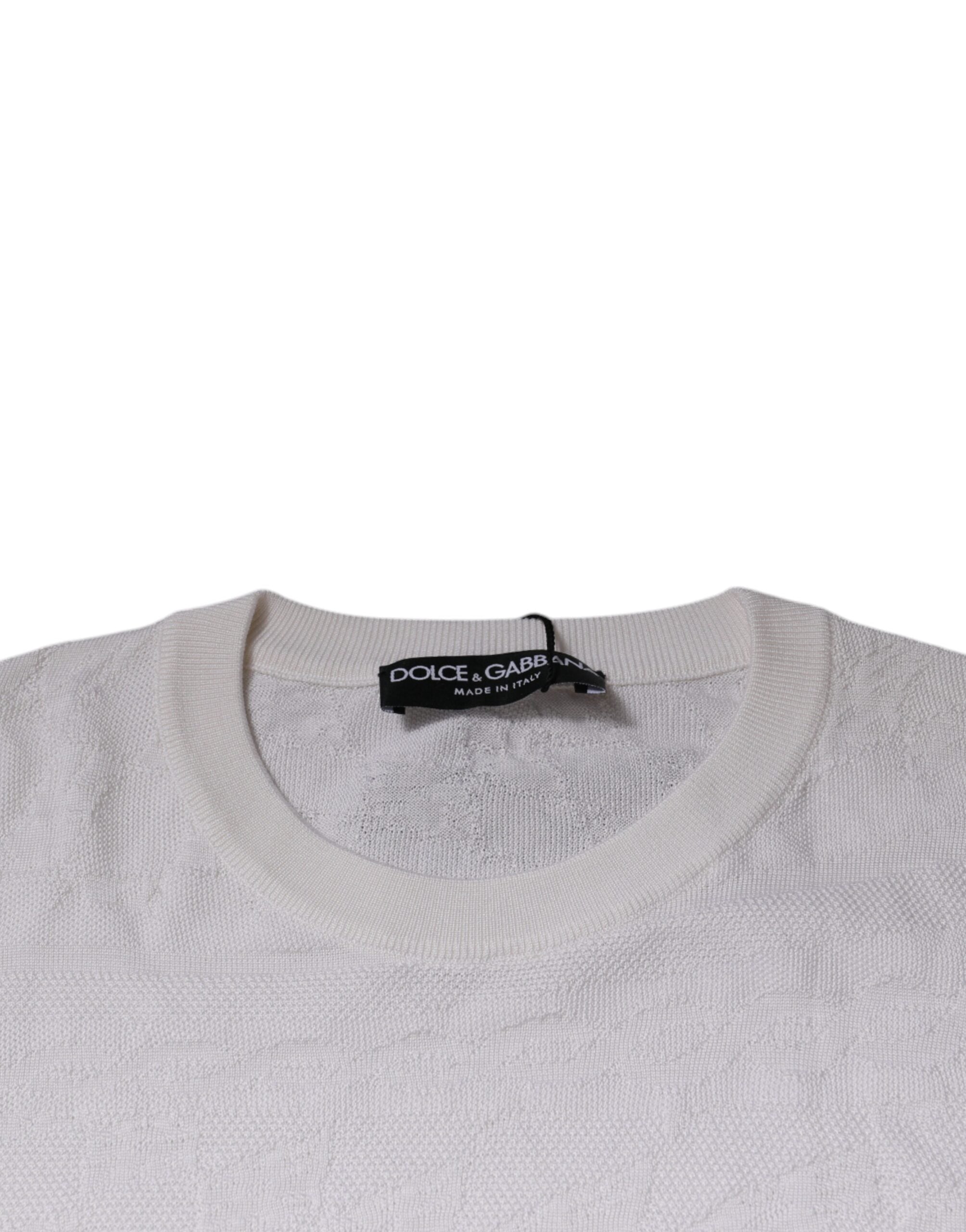 Pull en soie blanc pour homme Dolce & Gabbana, col rond, élégant et confortable, vue de face sur fond neutre.