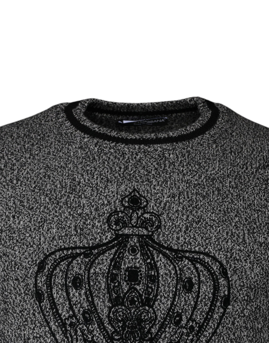 Pull-over en cachemire gris avec motif couronne de Dolce & Gabbana, style élégant et confortable, parfait pour un look sophistiqué.