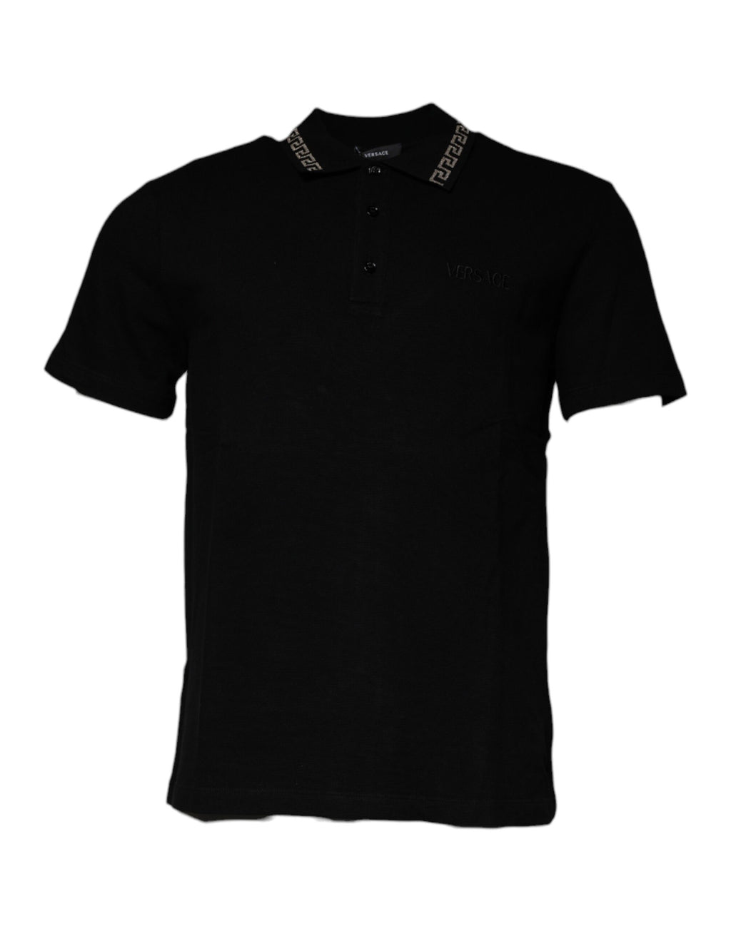 Polo à manches courtes noir en viscose de marque Versace avec col, élégance moderne et design sophistiqué visible sur l'image.