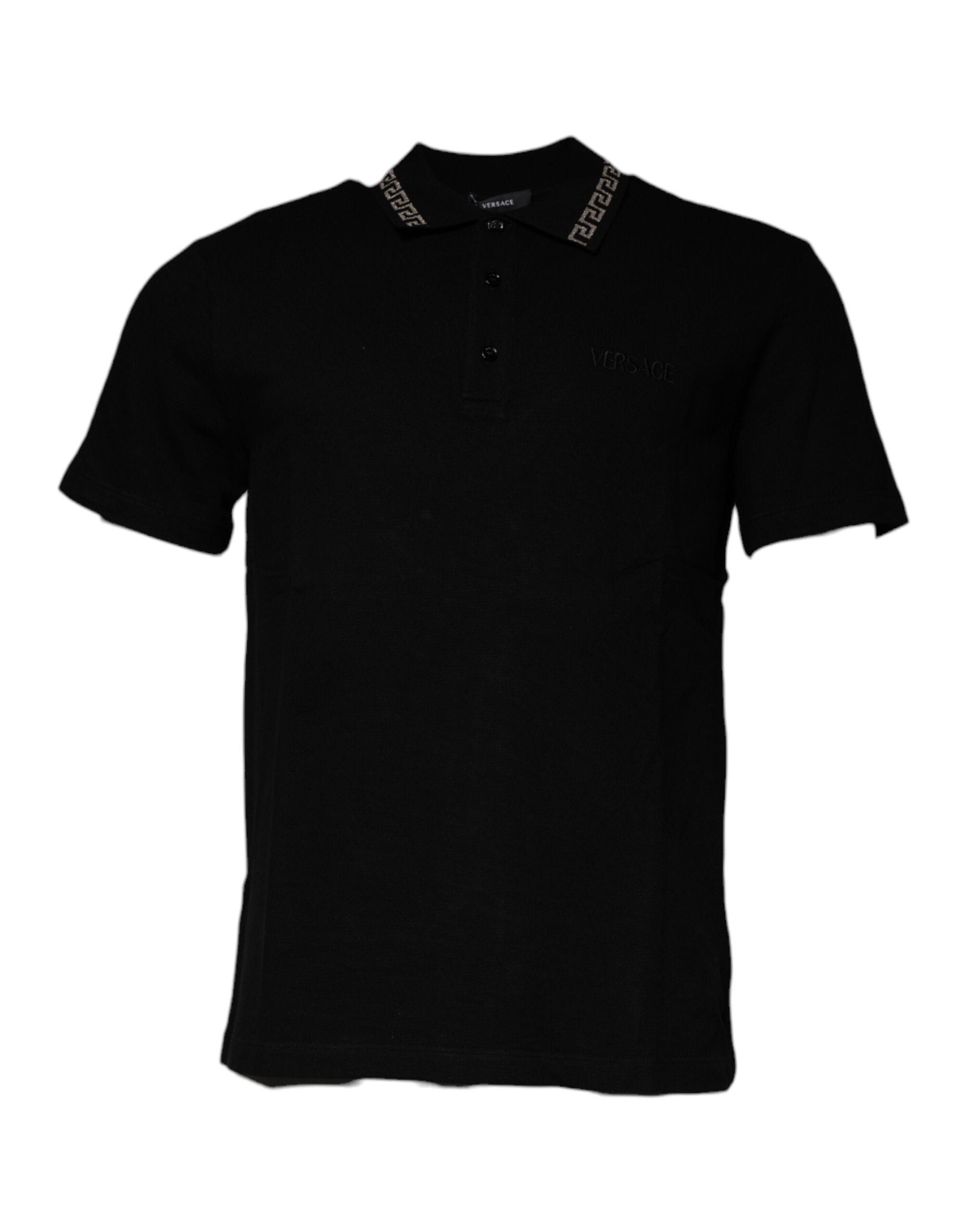 Polo à manches courtes noir en viscose de marque Versace avec col, visible sur l'image.