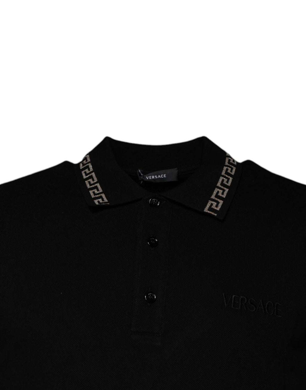 Polo à manches courtes Versace en viscose noire avec col, idéal pour un look élégant et décontracté.