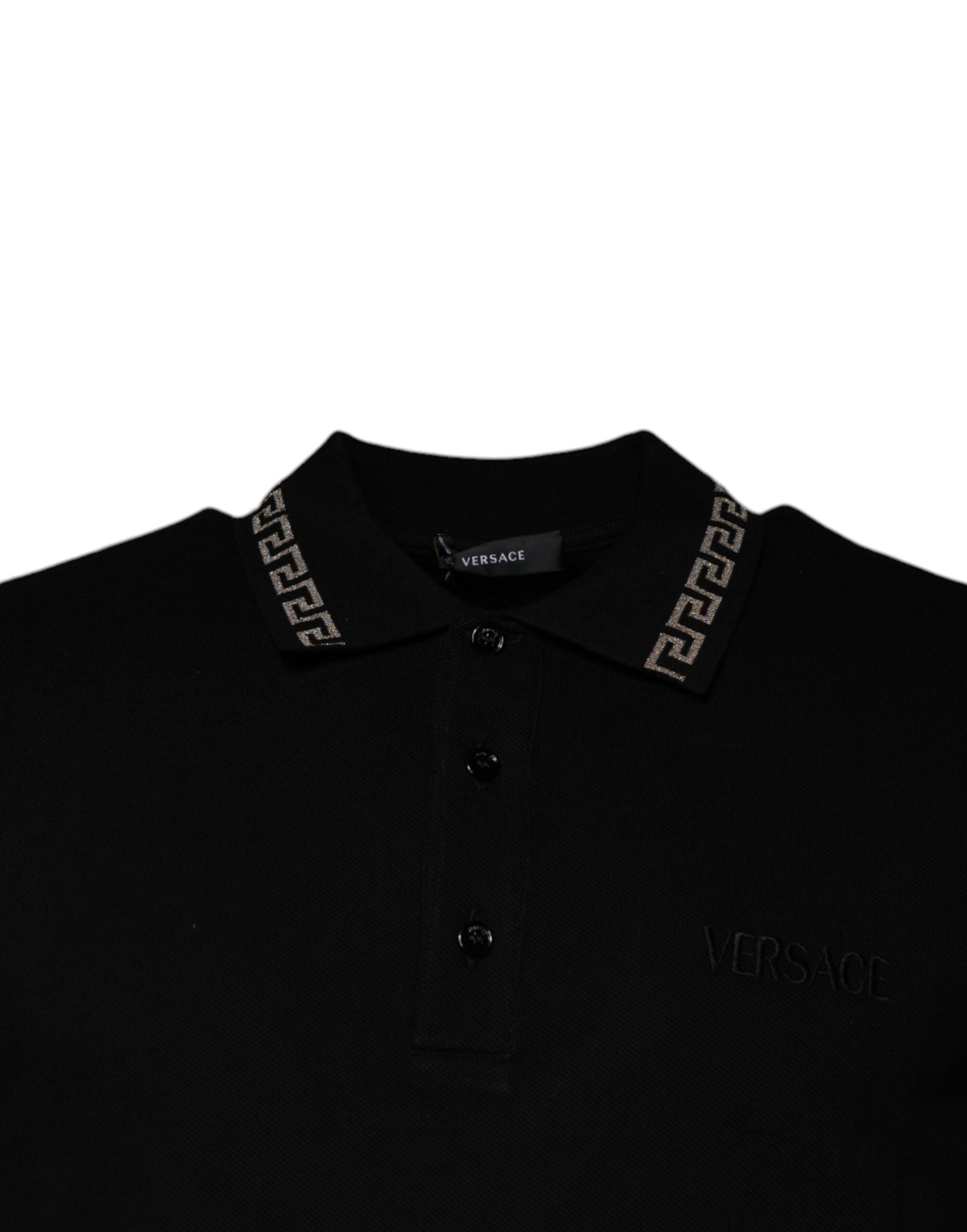 Polo à manches courtes Versace en viscose noire avec col, idéal pour un look élégant et décontracté.