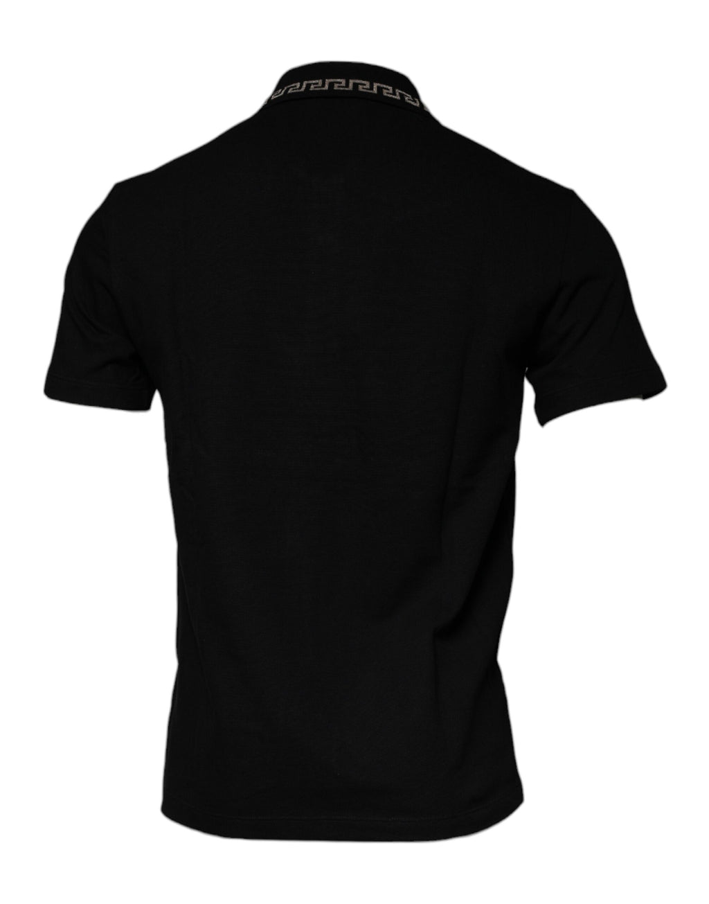 T-shirt polo noir à manches courtes Versace en viscose avec col, vue de face, élégant et classique.