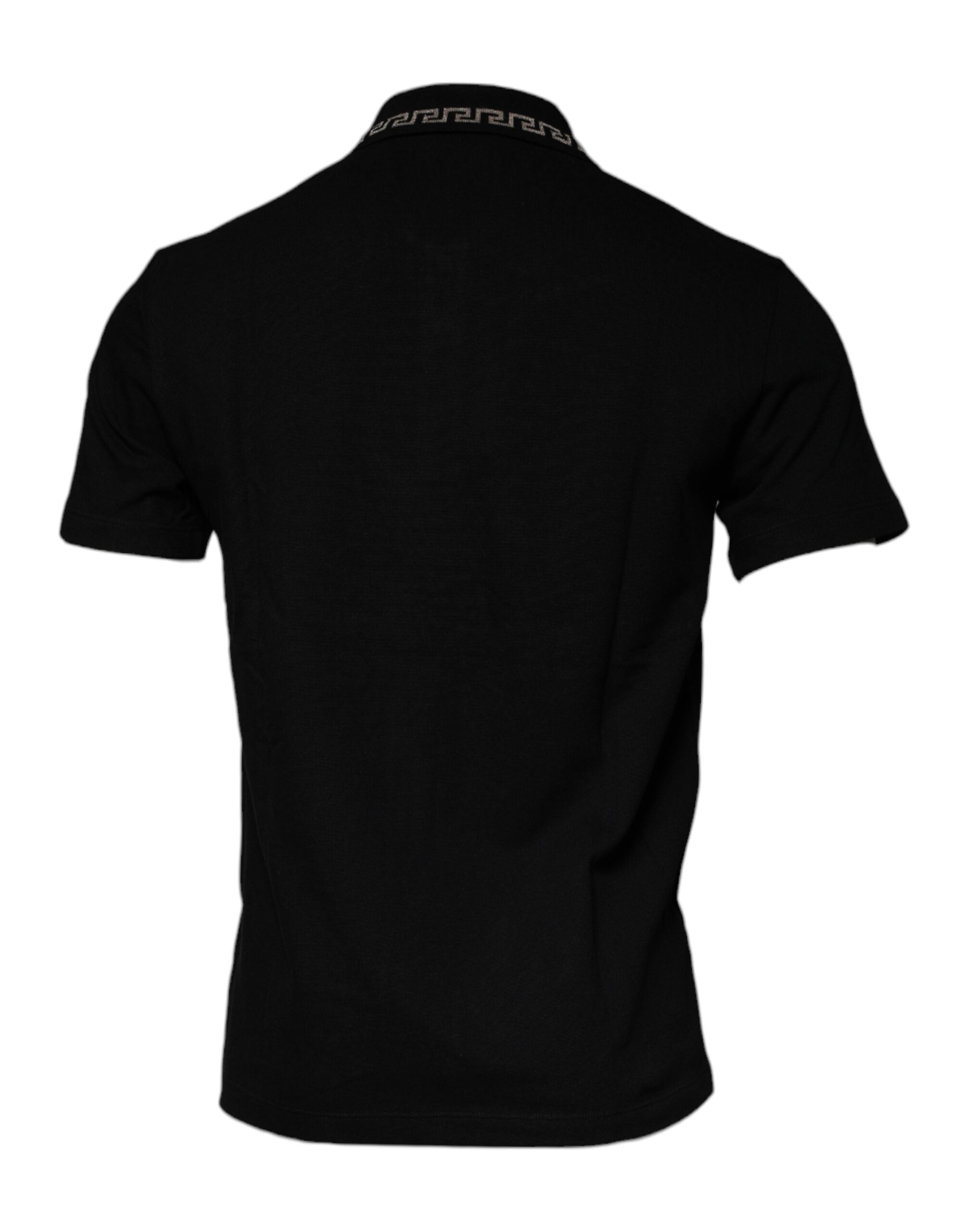 T-shirt polo noir à manches courtes Versace en viscose avec col, vue de face, élégant et classique.