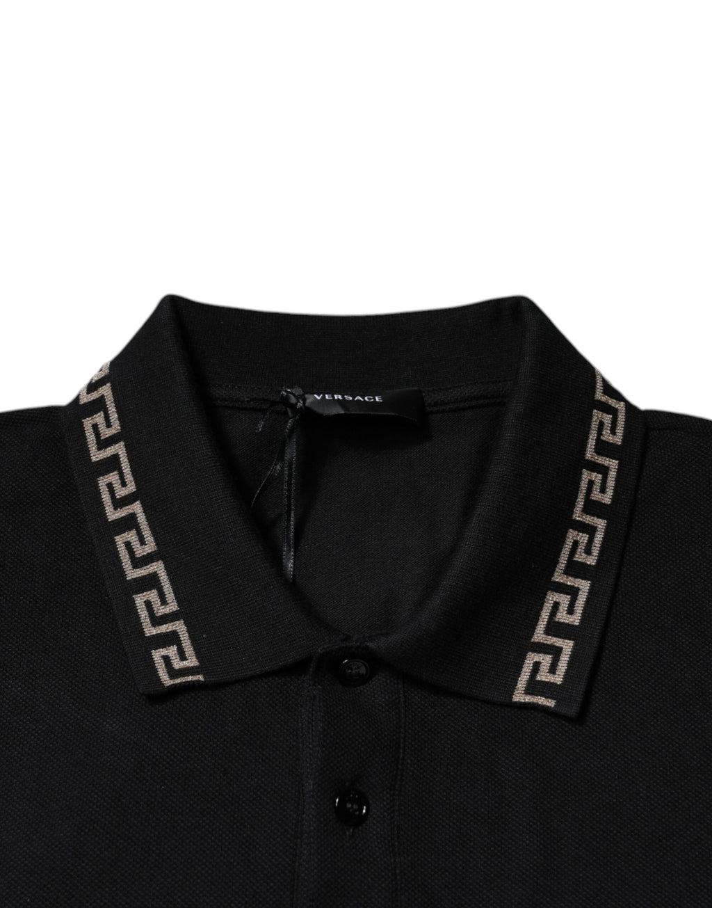 T-shirt polo noir à manches courtes Versace en viscose avec col, vue de face.