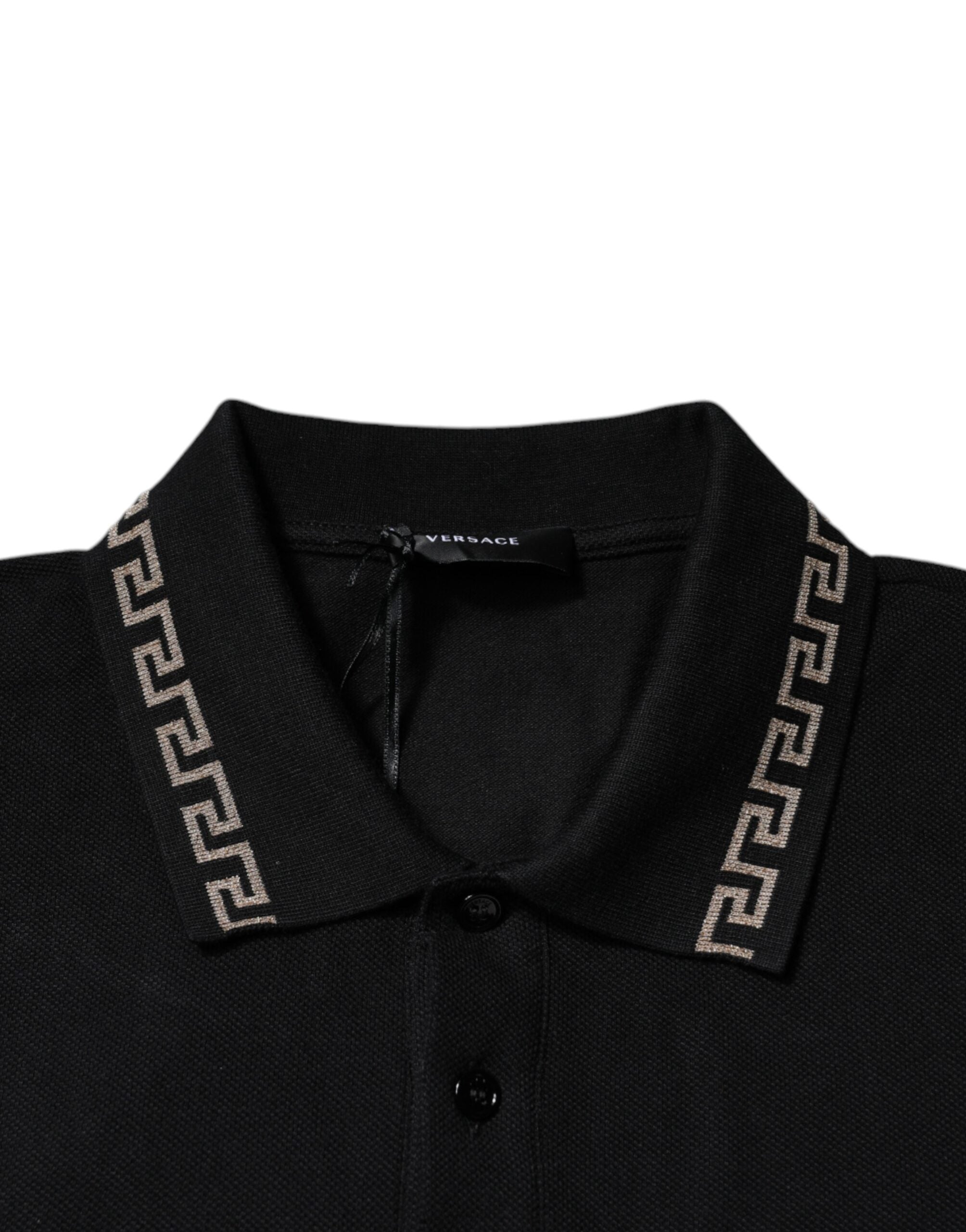 T-shirt polo noir à manches courtes Versace en viscose avec col, vue de face.