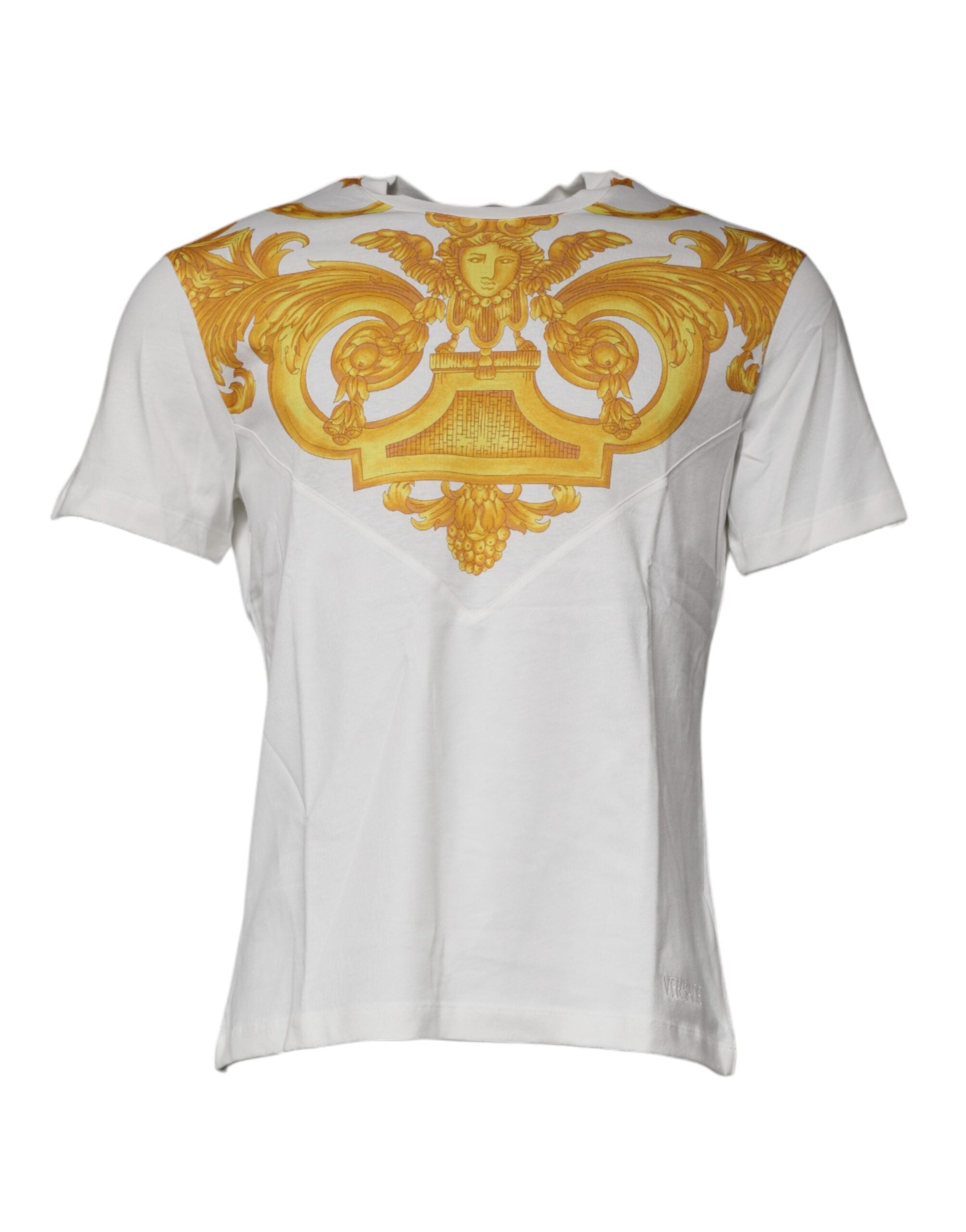 T-shirt blanc en coton Versace avec imprimé Méduse sur le col rond, style élégant et graphique.