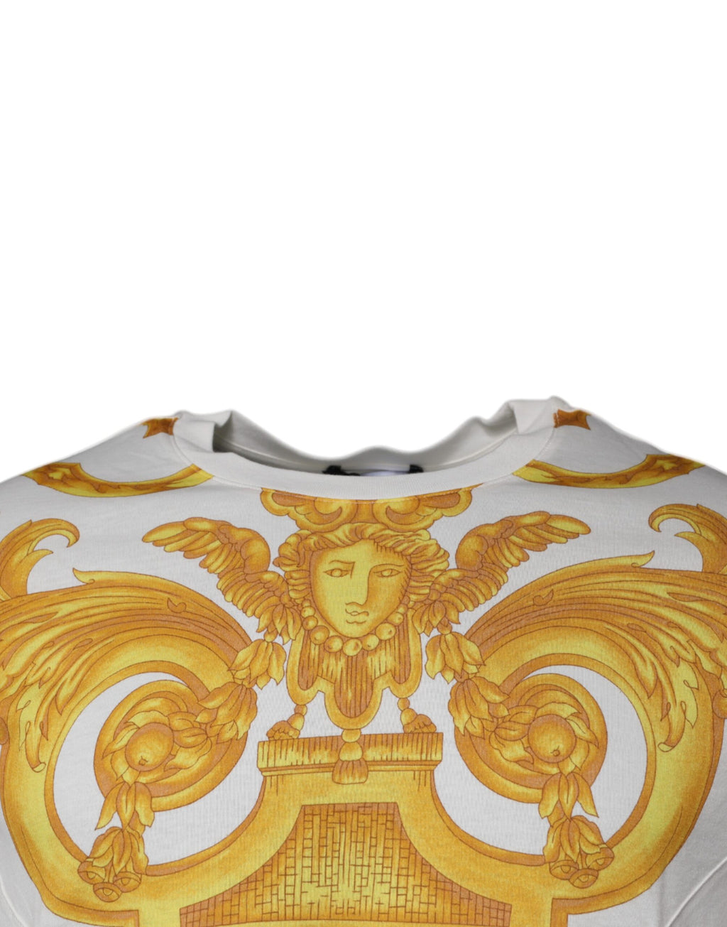 T-shirt blanc en coton Versace avec imprimé Méduse et col rond, mode élégante et emblématique de la marque.