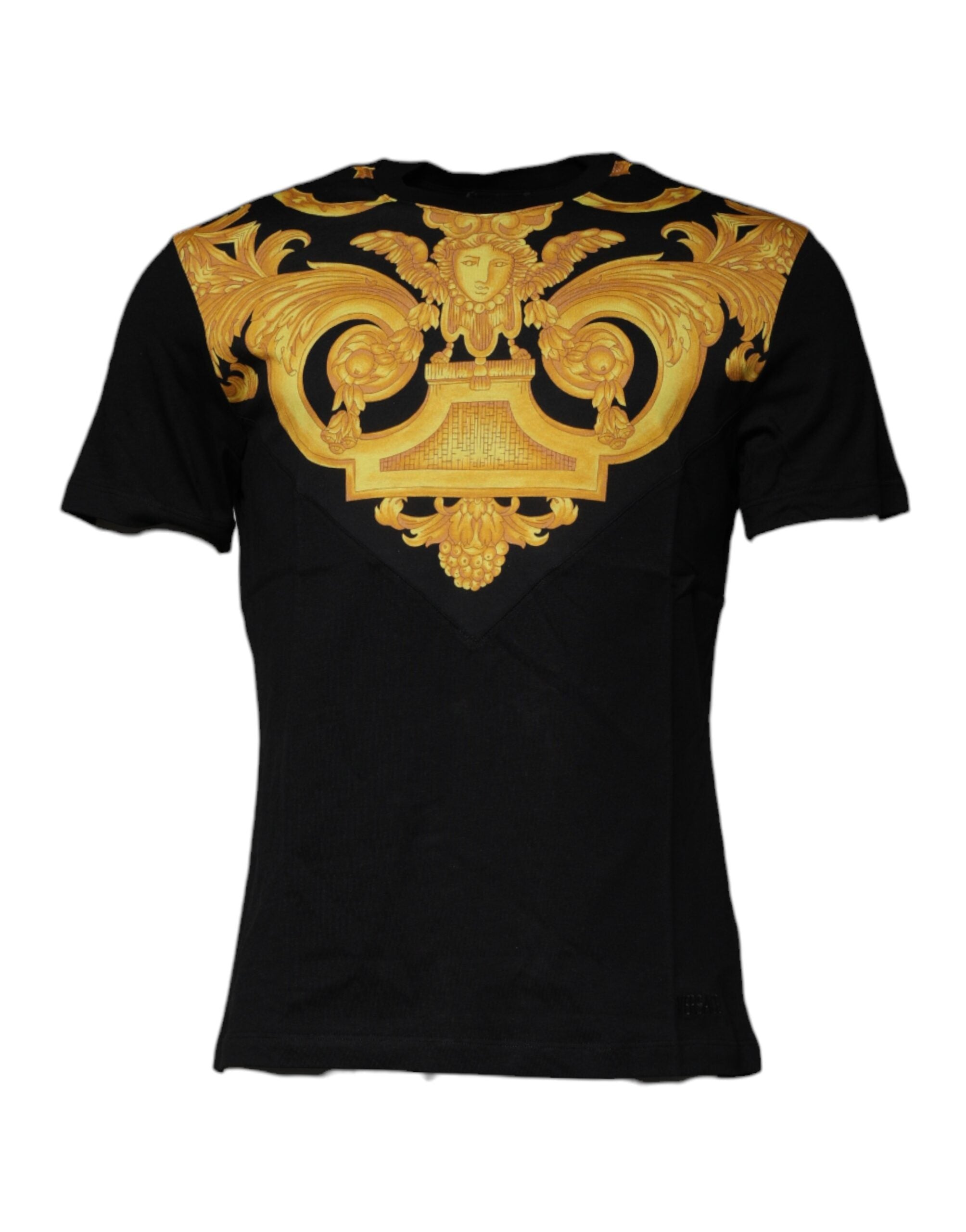 T-shirt en coton noir Versace avec imprimé Medusa et col rond, design élégant et logo visible sur le devant.
