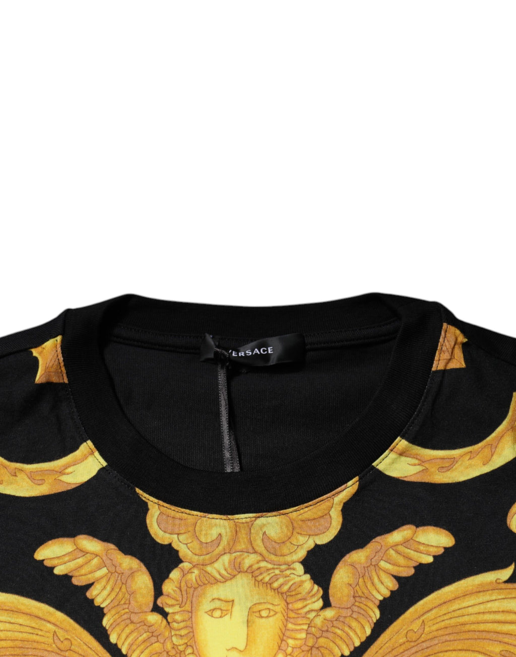 T-shirt en coton noir Versace avec imprimé Medusa, col rond, style décontracté et logo distinctif de la marque.